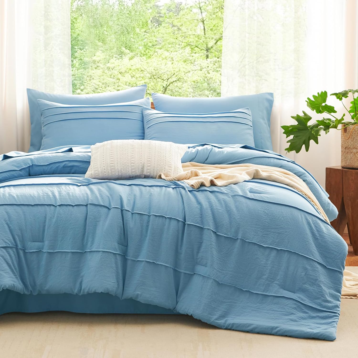 CozyLux King Size Comforter Set Beige, 7 Pieces Soft Pinch Pleat Bed in a Bag King Comforter Set with Sheets, Boho Bed Set with Down Alternative Comforter, Sheets, Pillowcases & Shams