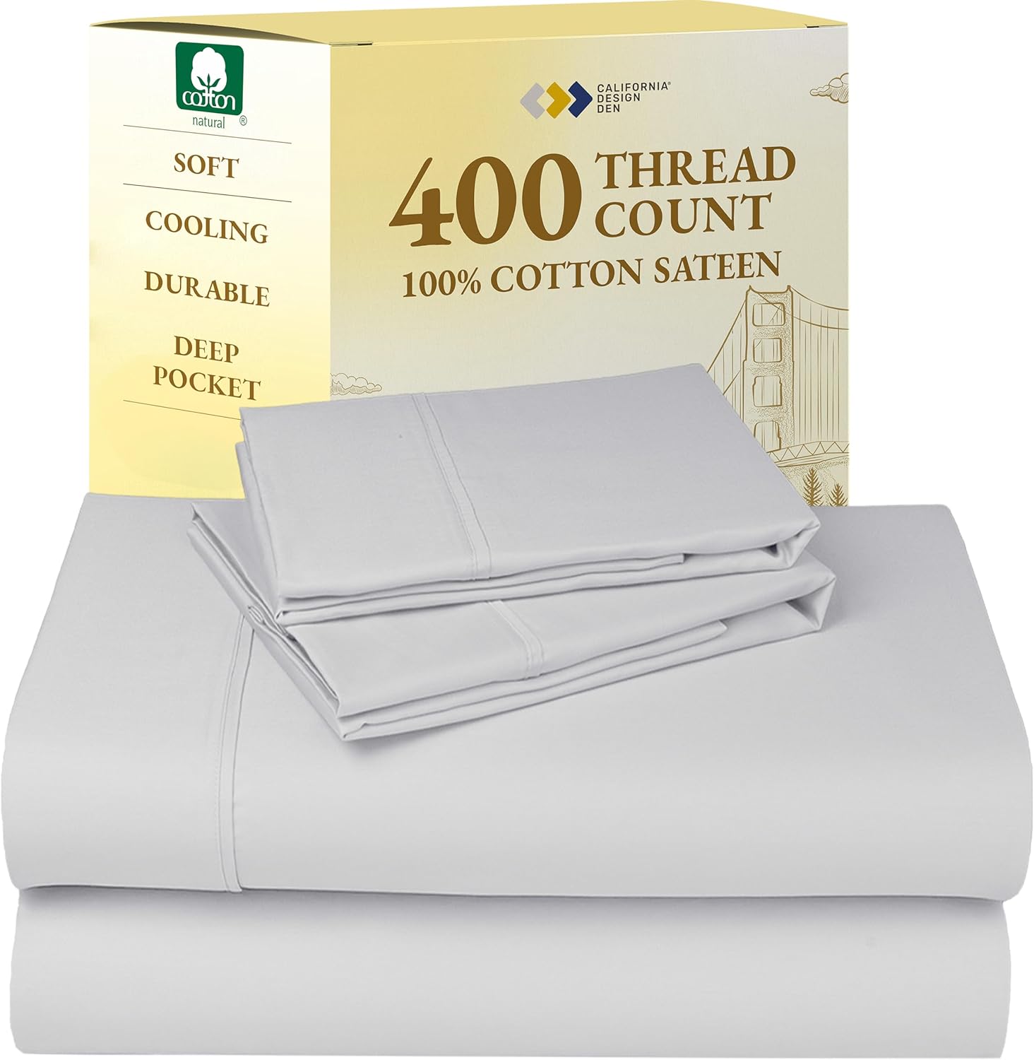 California Design Den King Size Sheets Set - Soft 400 Thread Count Sateen, Natural 100% Cotton Sheets King Size, Deep Pockets with All Around Elastic for a Snug Fit, Cool & Durable Bedding - White