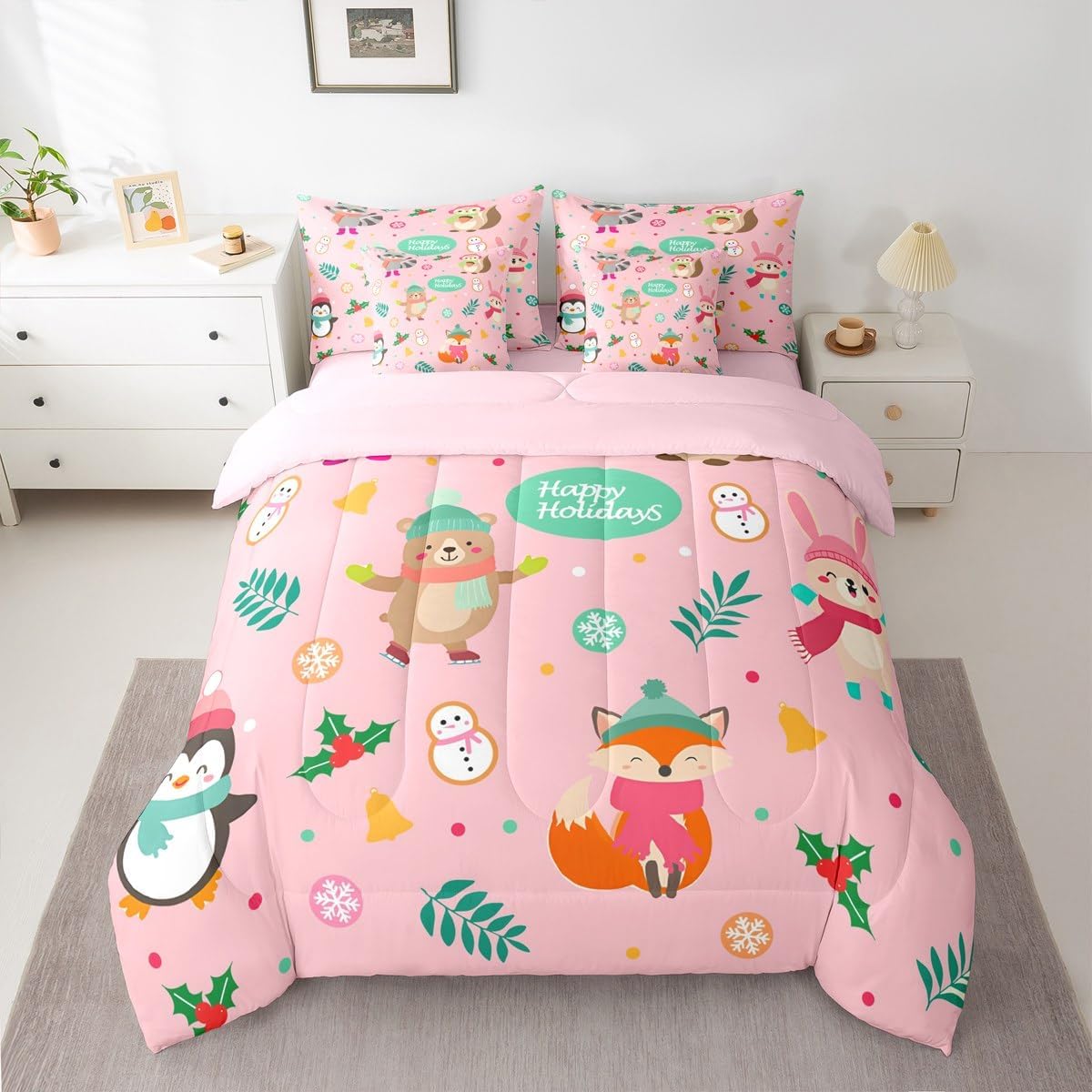 Pink Christmas 7 Piece Bedding Set Full Size Merry Christmas Snowman Bed in a Bag for Boys Girls Bedroom Decor Santa Claus Comforter Set with Sheets,Pillowcases & Cushion Cover Soft Xmas Tree Deer