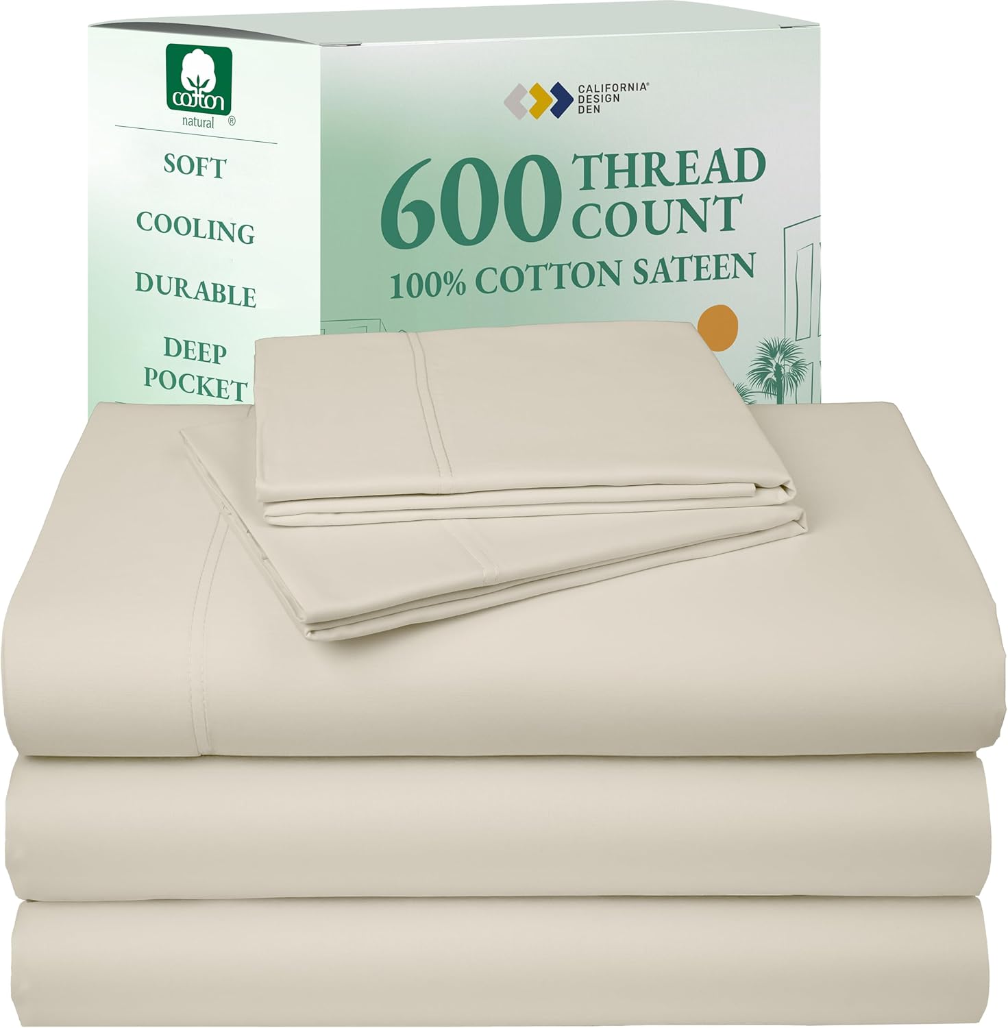 California Design Den Queen Sheet Set - Luxury 600 Thread Count Sateen, 100% Cotton Deep Pocket Queen Sheets with All Around Elastic, Snug Fit, Hotel Quality Bedding Set - White