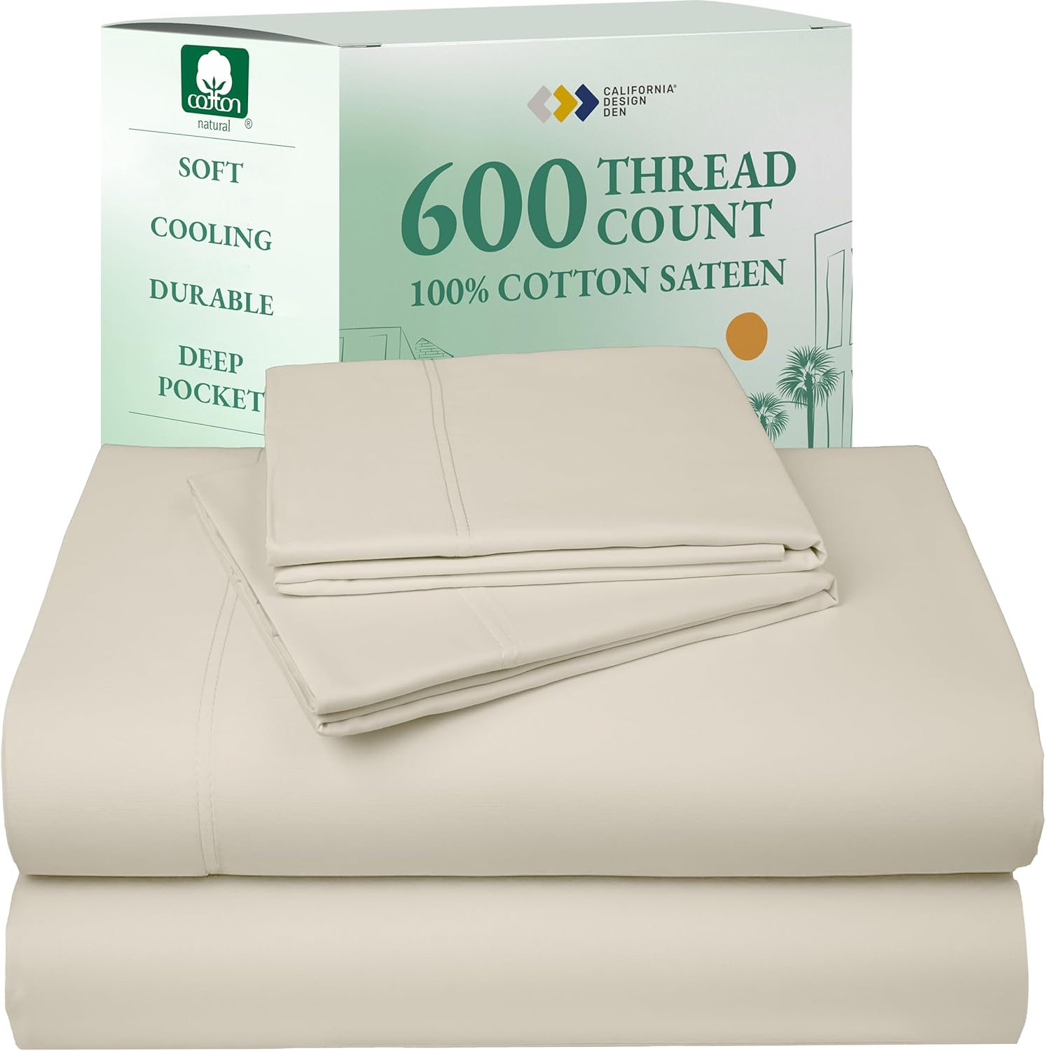 California Design Den Queen Sheet Set - Luxury 600 Thread Count Sateen, 100% Cotton Deep Pocket Queen Sheets with All Around Elastic, Snug Fit, Hotel Quality Bedding Set - White