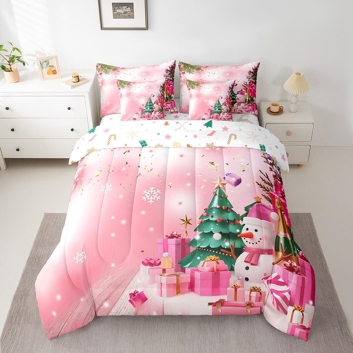 Pink Christmas 7 Piece Bedding Set Full Size Merry Christmas Snowman Bed in a Bag for Boys Girls Bedroom Decor Santa Claus Comforter Set with Sheets,Pillowcases & Cushion Cover Soft Xmas Tree Deer