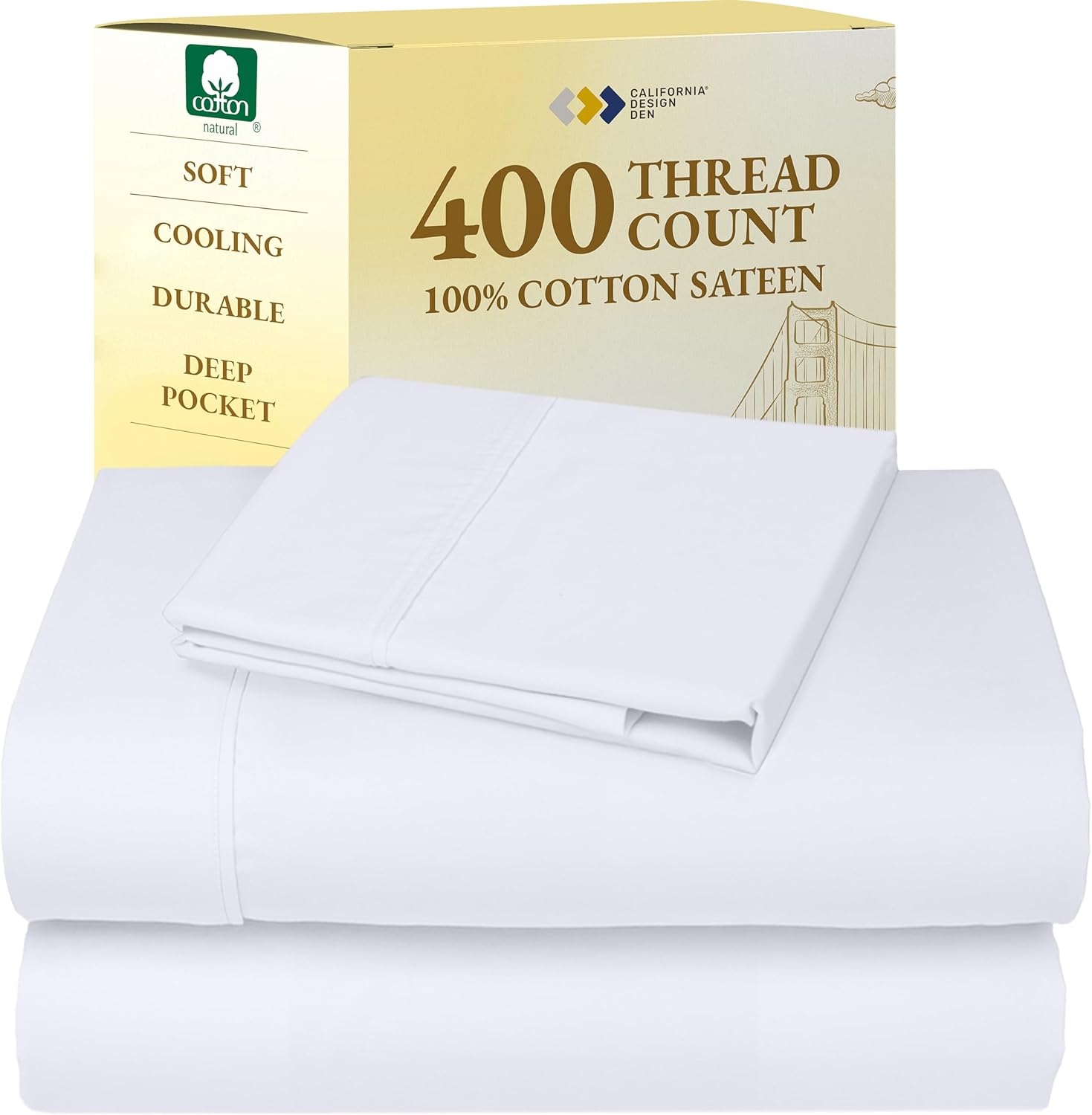 California Design Den King Size Sheets Set - Soft 400 Thread Count Sateen, Natural 100% Cotton Sheets King Size, Deep Pockets with All Around Elastic for a Snug Fit, Cool & Durable Bedding - White