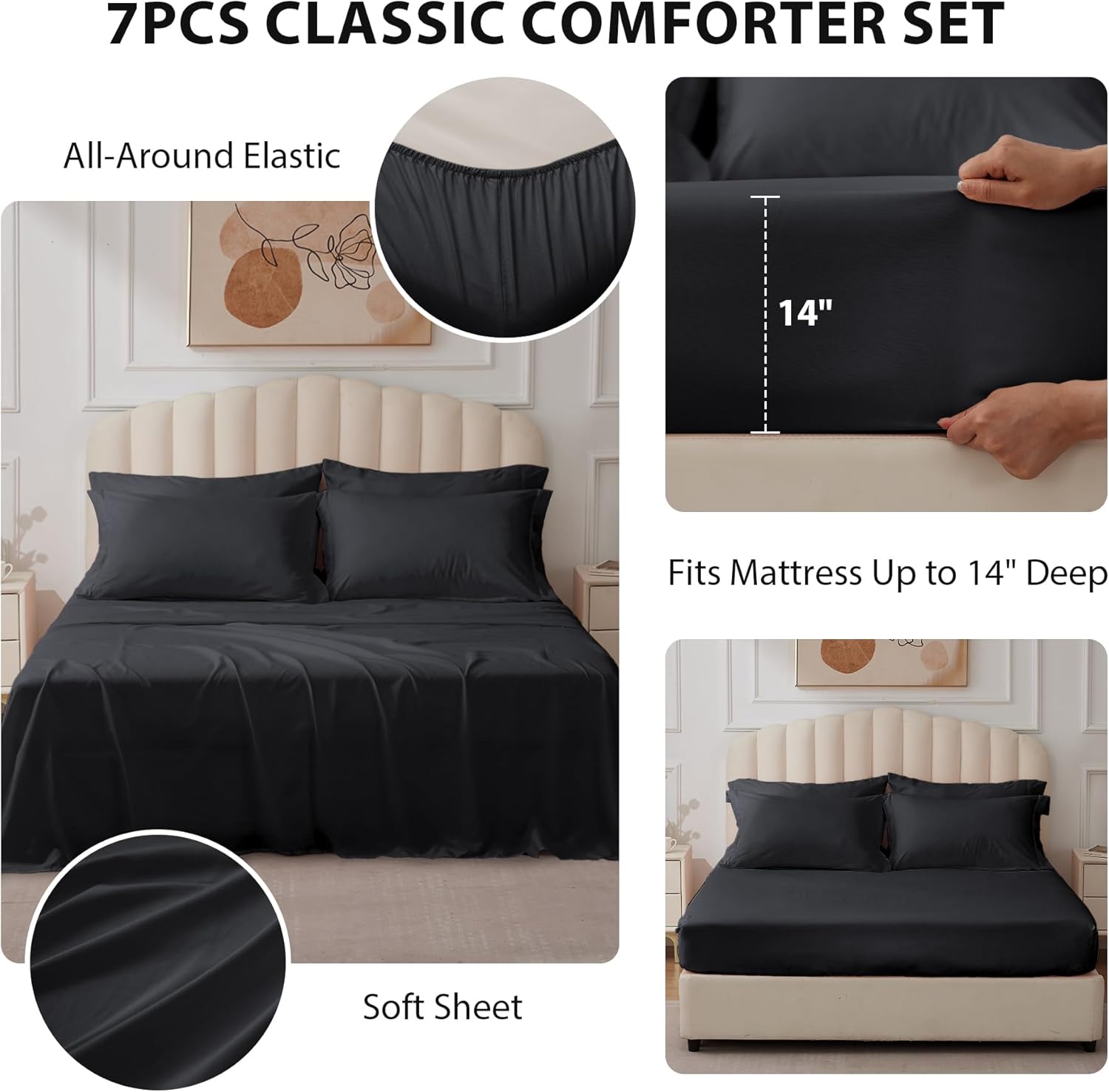 Queen Comforter Set Black - Bed in a Bag Queen Size 7 Pieces, Soft Bedding Set for All Seasons, Premium Queen Comforter Set with Comforter, Sheets, Pillowcases & Shams