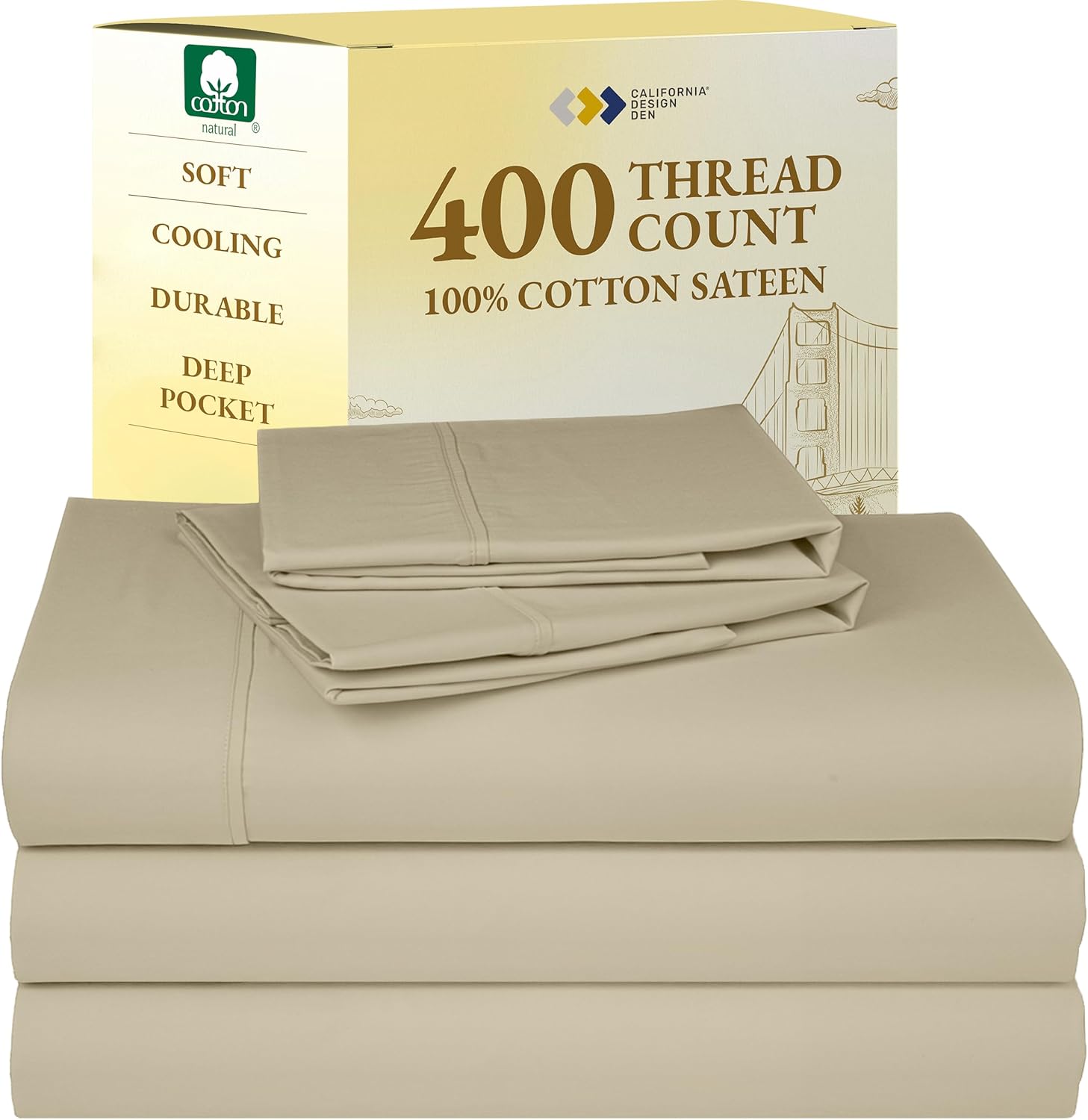 California Design Den King Size Sheets Set - Soft 400 Thread Count Sateen, Natural 100% Cotton Sheets King Size, Deep Pockets with All Around Elastic for a Snug Fit, Cool & Durable Bedding - White