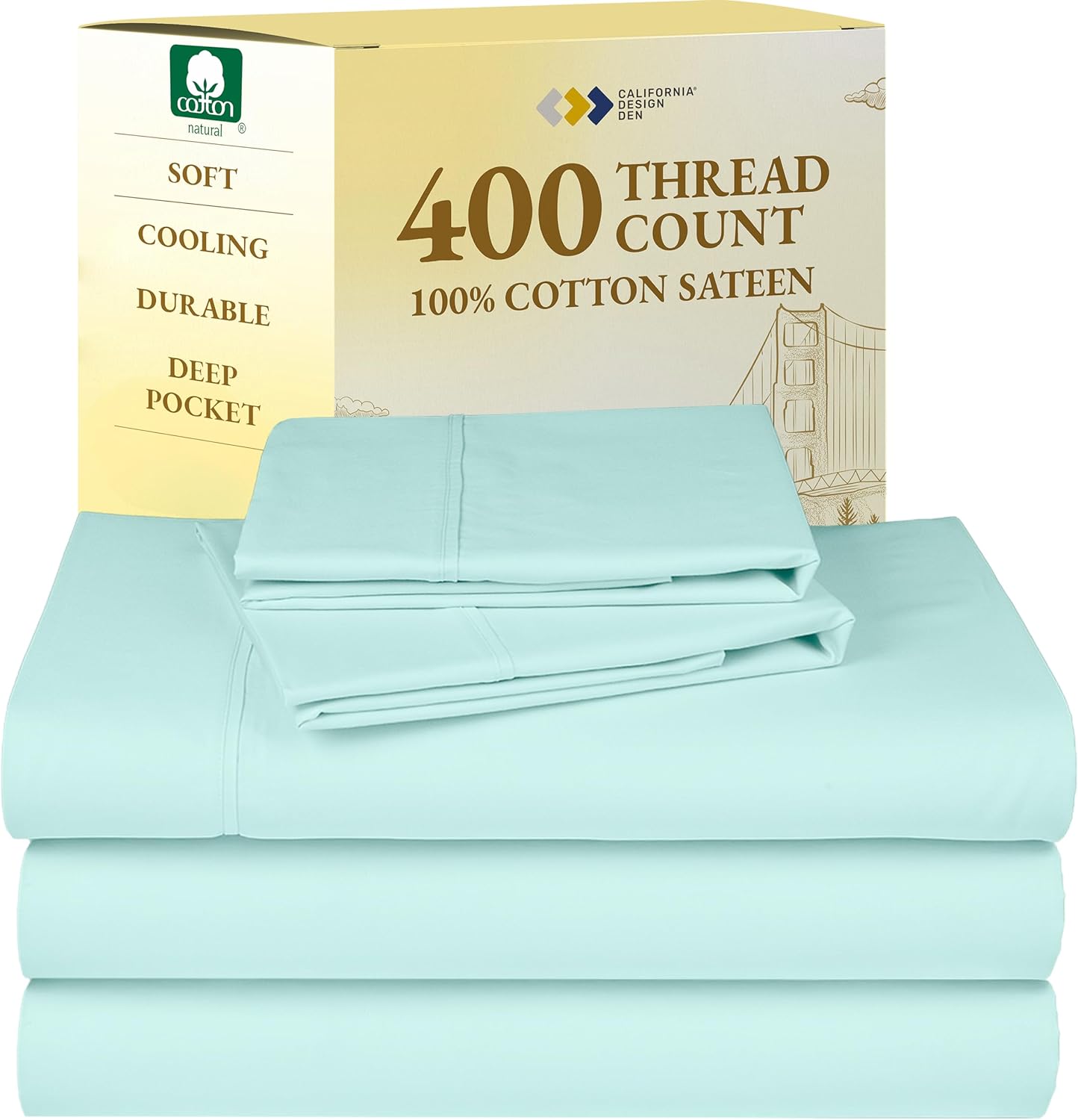 California Design Den King Size Sheets Set - Soft 400 Thread Count Sateen, Natural 100% Cotton Sheets King Size, Deep Pockets with All Around Elastic for a Snug Fit, Cool & Durable Bedding - White