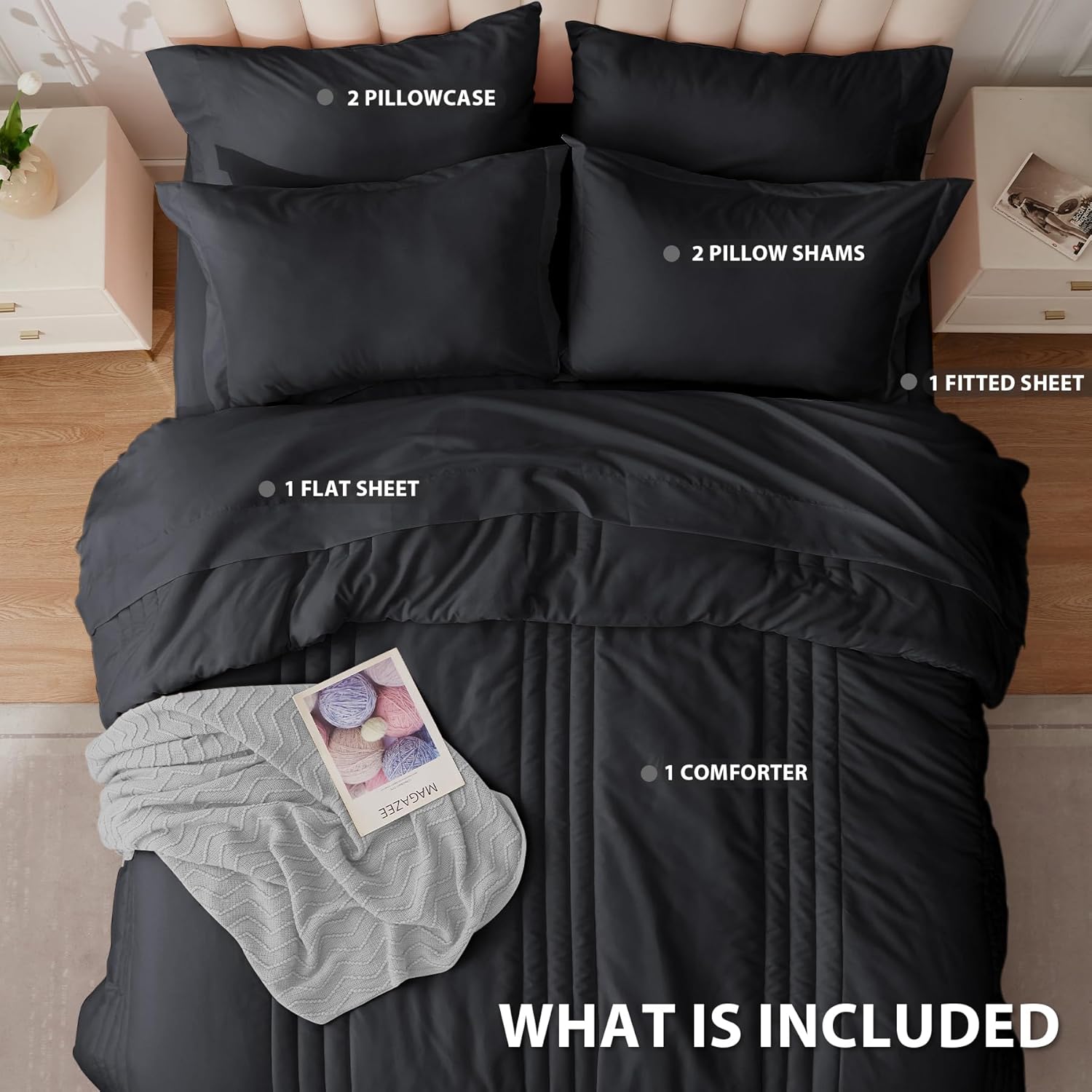 Queen Comforter Set Black - Bed in a Bag Queen Size 7 Pieces, Soft Bedding Set for All Seasons, Premium Queen Comforter Set with Comforter, Sheets, Pillowcases & Shams