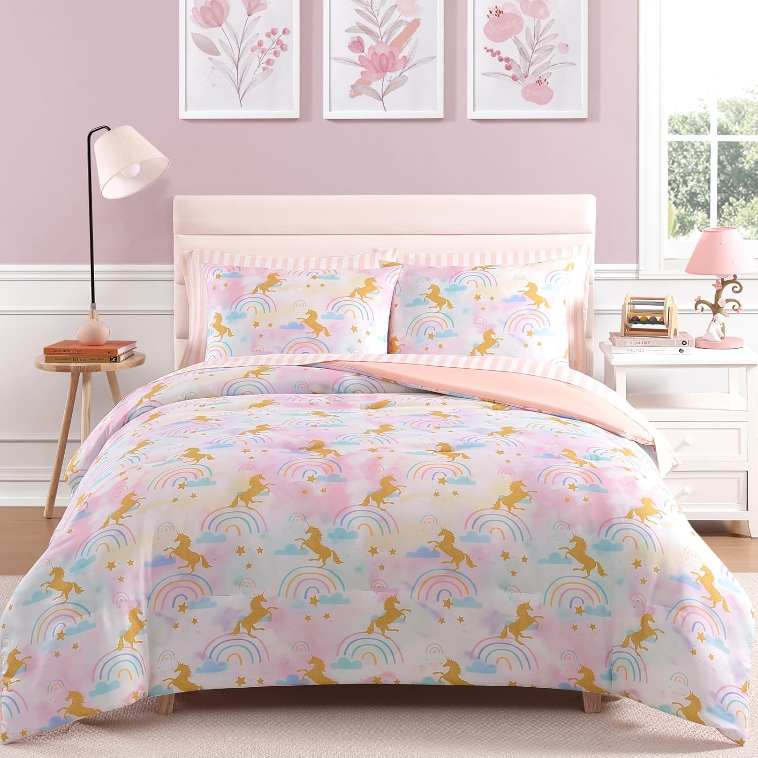 Full Size Comforter Sets with Sheets for Girls-7 Pieces Full Size Bedding Sets with Pink Comforter, Sheets, Pillowcases & Shams for Kids (Pink Gold Heart, 76" X 86")