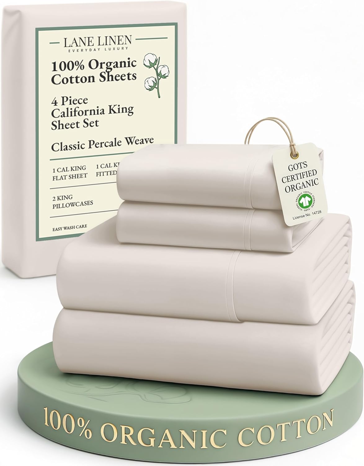 LANE LINEN 100% Organic Cotton King Size Sheets Set, Soft & Comfy All Season Breathable Sheets King Size, Percale Weave Fully Elasticized Eco Friendly Naturally Cooling King White Bed Sheets