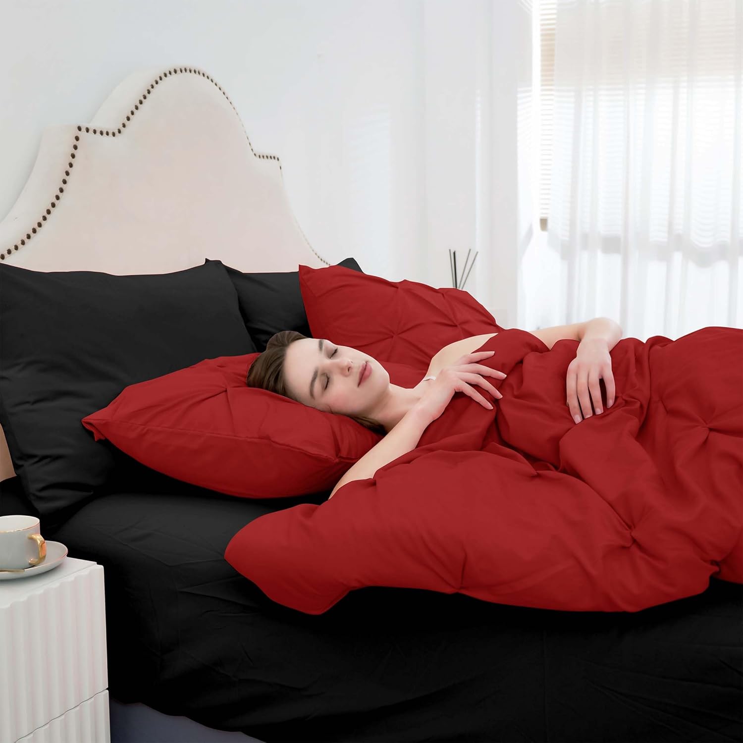 Ubauba 7pc Queen Size Comforter Set with Sheets, Pintuck 7 Piece Bedding Comforters Bed in a Bag for All Season, Pinched Pleat Bed Set with Comforter (Red and Black,Queen)