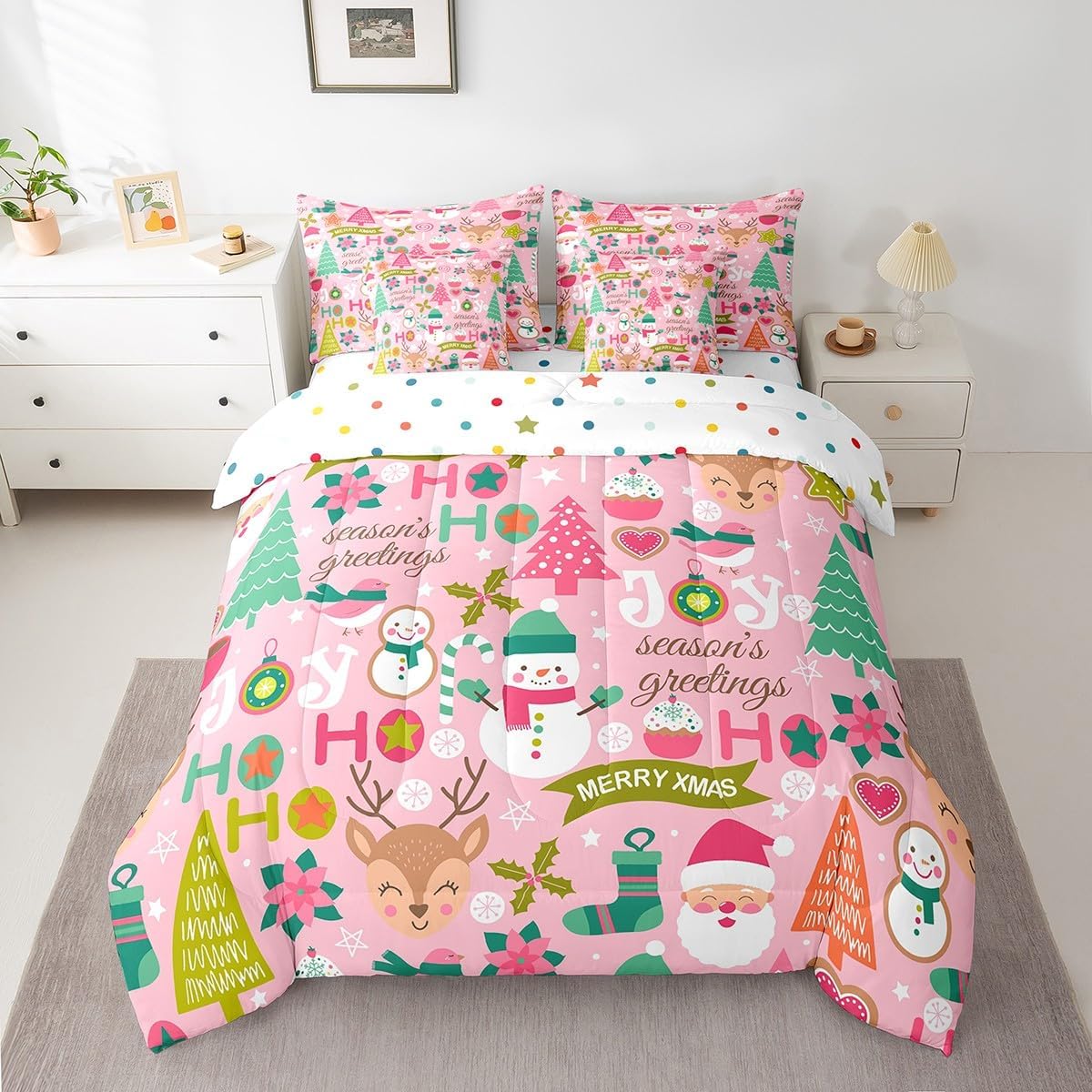 Pink Christmas 7 Piece Bedding Set Full Size Merry Christmas Snowman Bed in a Bag for Boys Girls Bedroom Decor Santa Claus Comforter Set with Sheets,Pillowcases & Cushion Cover Soft Xmas Tree Deer