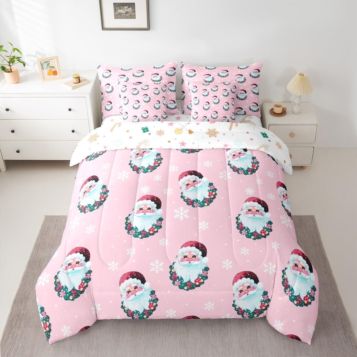 Pink Christmas 7 Piece Bedding Set Full Size Merry Christmas Snowman Bed in a Bag for Boys Girls Bedroom Decor Santa Claus Comforter Set with Sheets,Pillowcases & Cushion Cover Soft Xmas Tree Deer