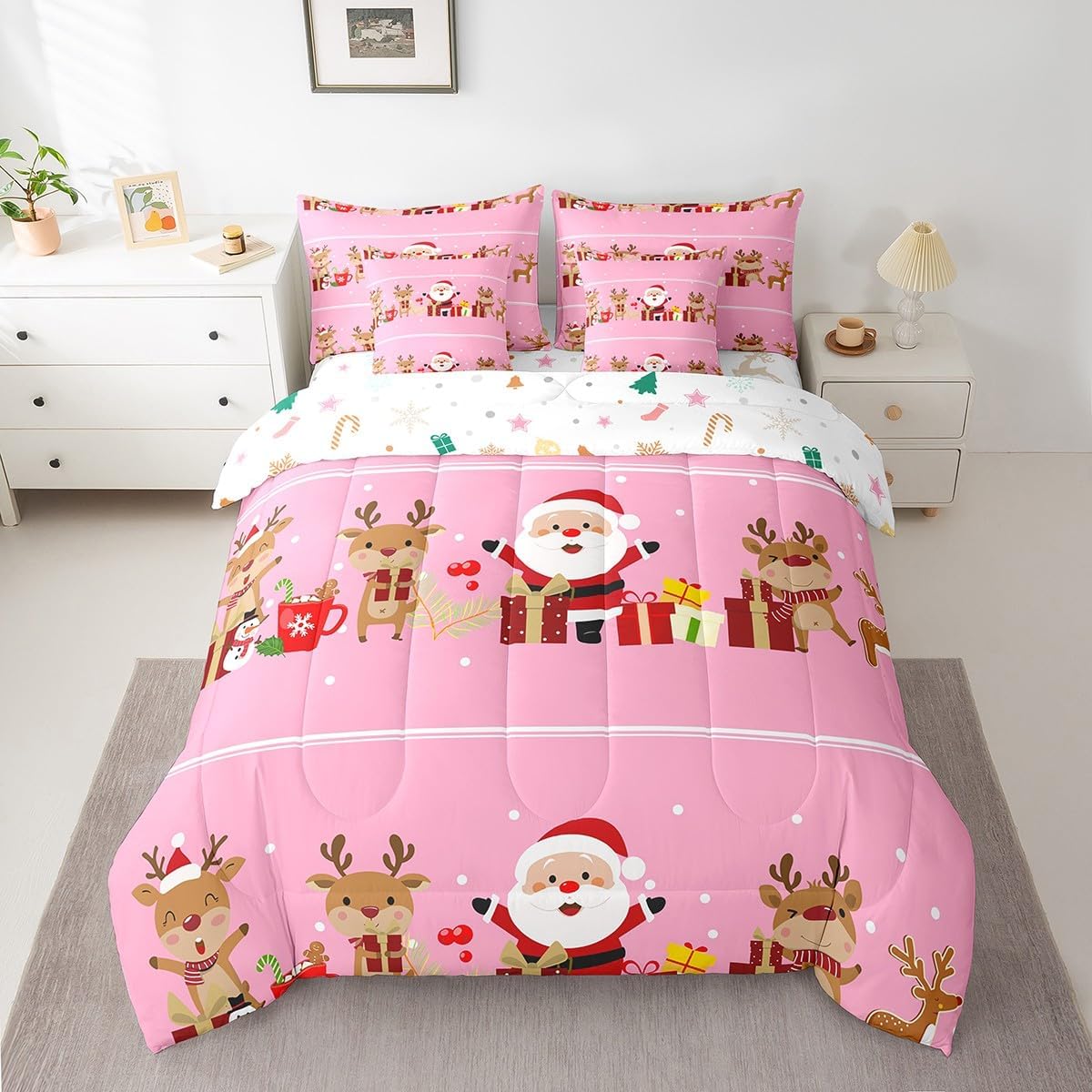 Pink Christmas 7 Piece Bedding Set Full Size Merry Christmas Snowman Bed in a Bag for Boys Girls Bedroom Decor Santa Claus Comforter Set with Sheets,Pillowcases & Cushion Cover Soft Xmas Tree Deer