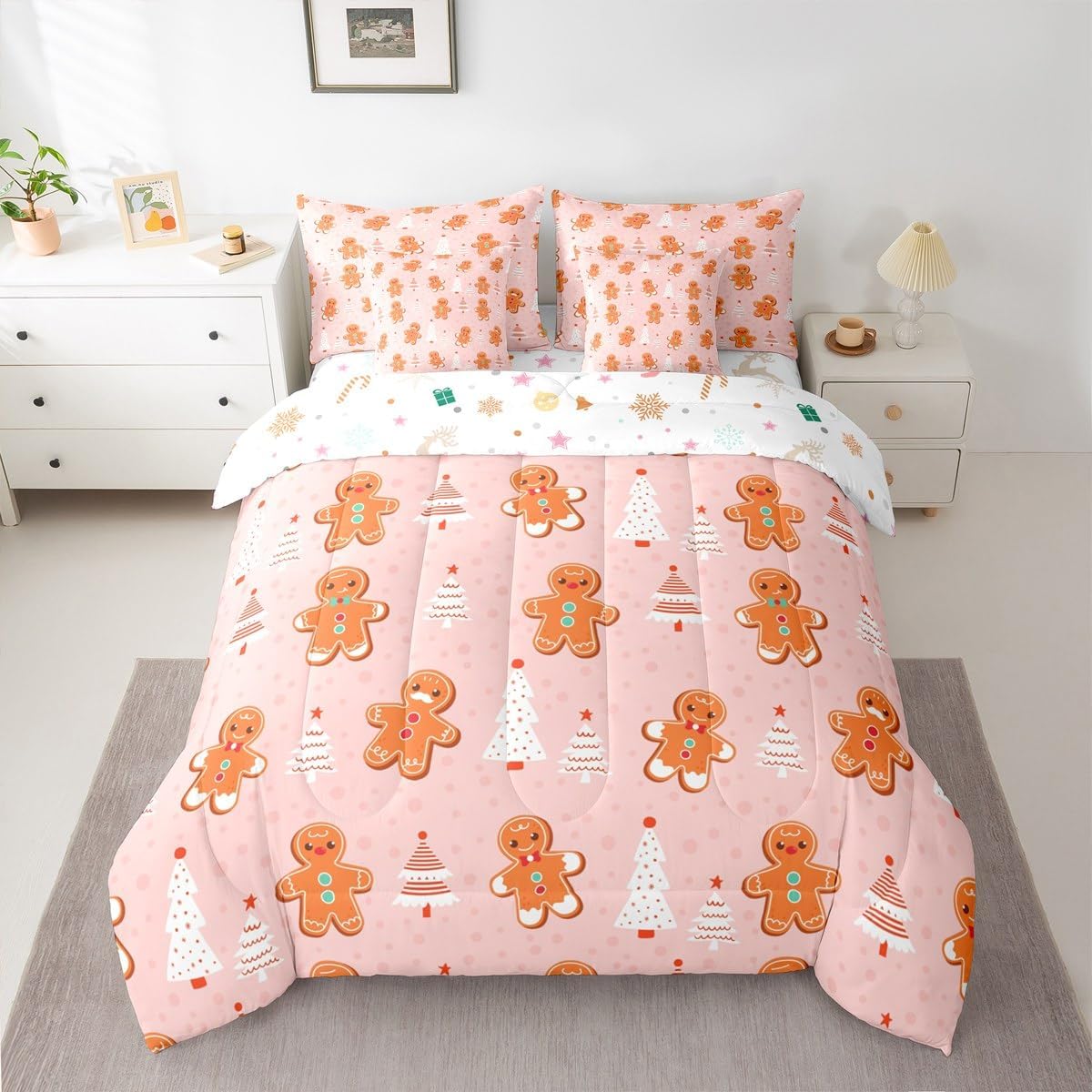 Pink Christmas 7 Piece Bedding Set Full Size Merry Christmas Snowman Bed in a Bag for Boys Girls Bedroom Decor Santa Claus Comforter Set with Sheets,Pillowcases & Cushion Cover Soft Xmas Tree Deer