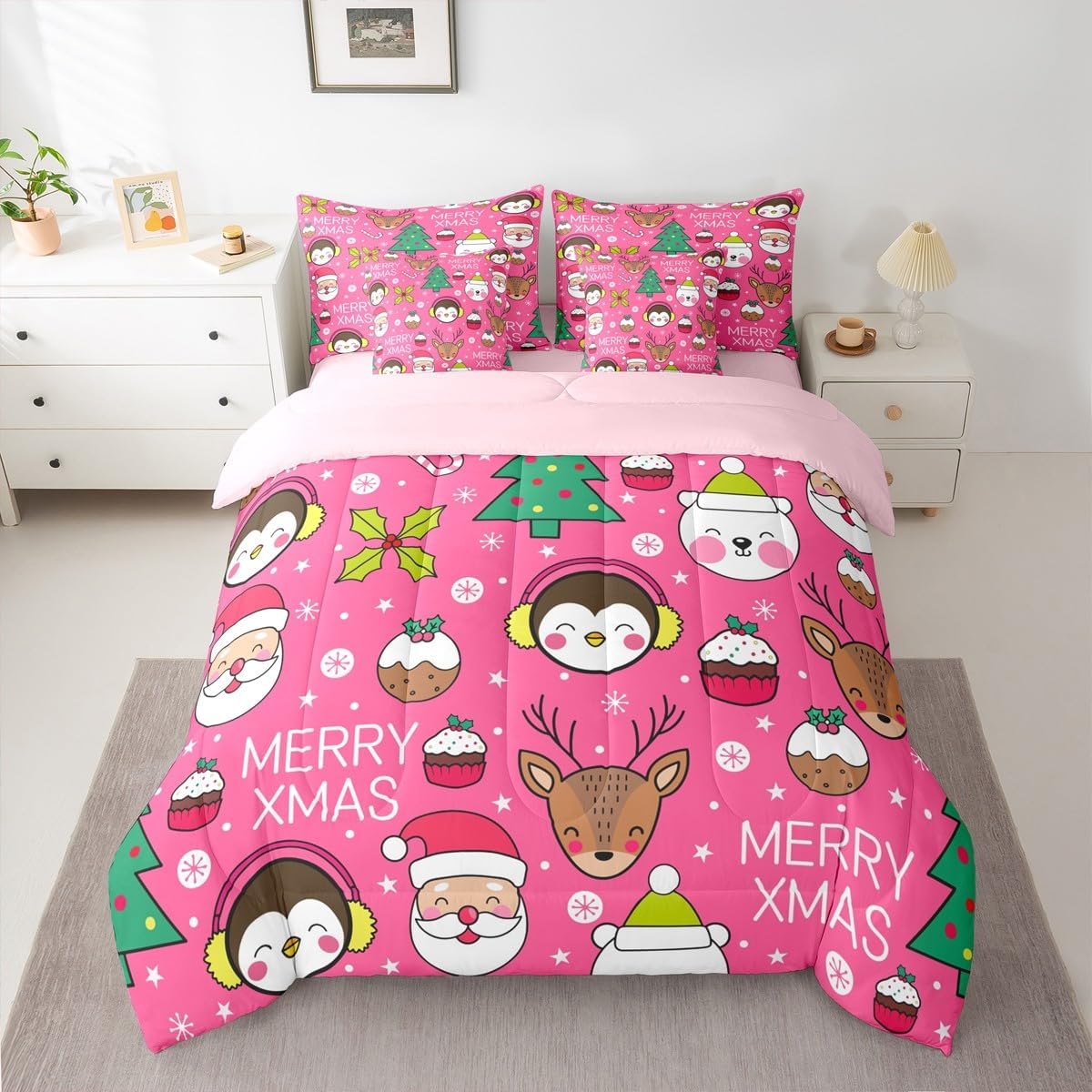 Pink Christmas 7 Piece Bedding Set Full Size Merry Christmas Snowman Bed in a Bag for Boys Girls Bedroom Decor Santa Claus Comforter Set with Sheets,Pillowcases & Cushion Cover Soft Xmas Tree Deer