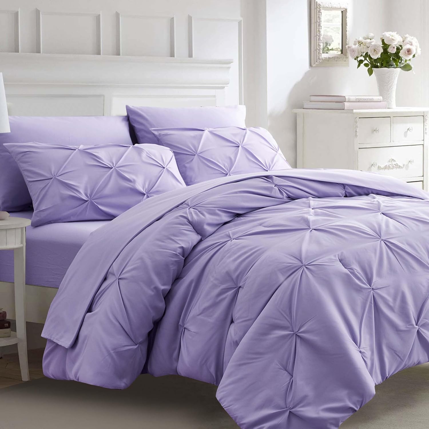 Ubauba 7pc Purple Comforter Set Queen Size with Sheets, Pintuck 7 Piece Bedding Comforters Bed in a Bag for All Season, Pinched Pleat Bed Set with Comforter (Purple,Queen)