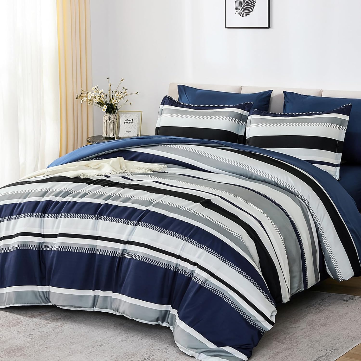 WONGS BEDDING Queen Comforter Set, 7 Pieces Blue Comforter Set Queen, Soft Striped Bed in a Bag Bedding Set with Comforter, Flat Sheet, Fitted Sheet, Pillow Shams, Pillowcase