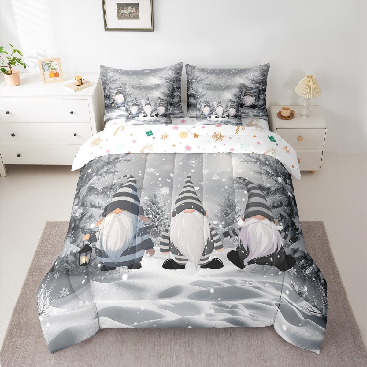 Pink Christmas 7 Piece Bedding Set Full Size Merry Christmas Snowman Bed in a Bag for Boys Girls Bedroom Decor Santa Claus Comforter Set with Sheets,Pillowcases & Cushion Cover Soft Xmas Tree Deer