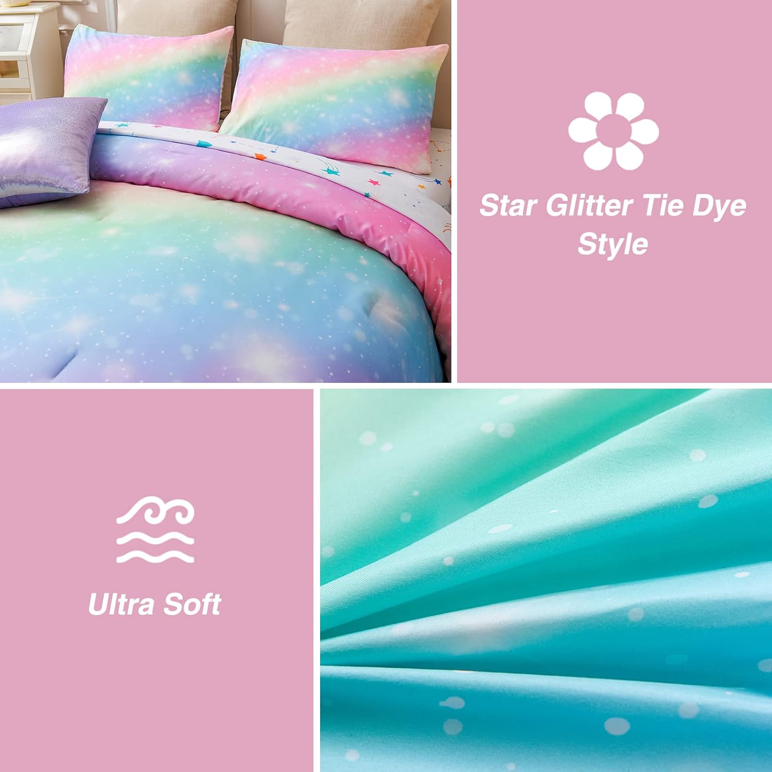 A Nice Night 6Pcs Gradient Glitter Bedding Set for Girls Full Size, Colorful Rainbow Galaxy Comforter Set, Ultra Soft Bedding Sets, Pink