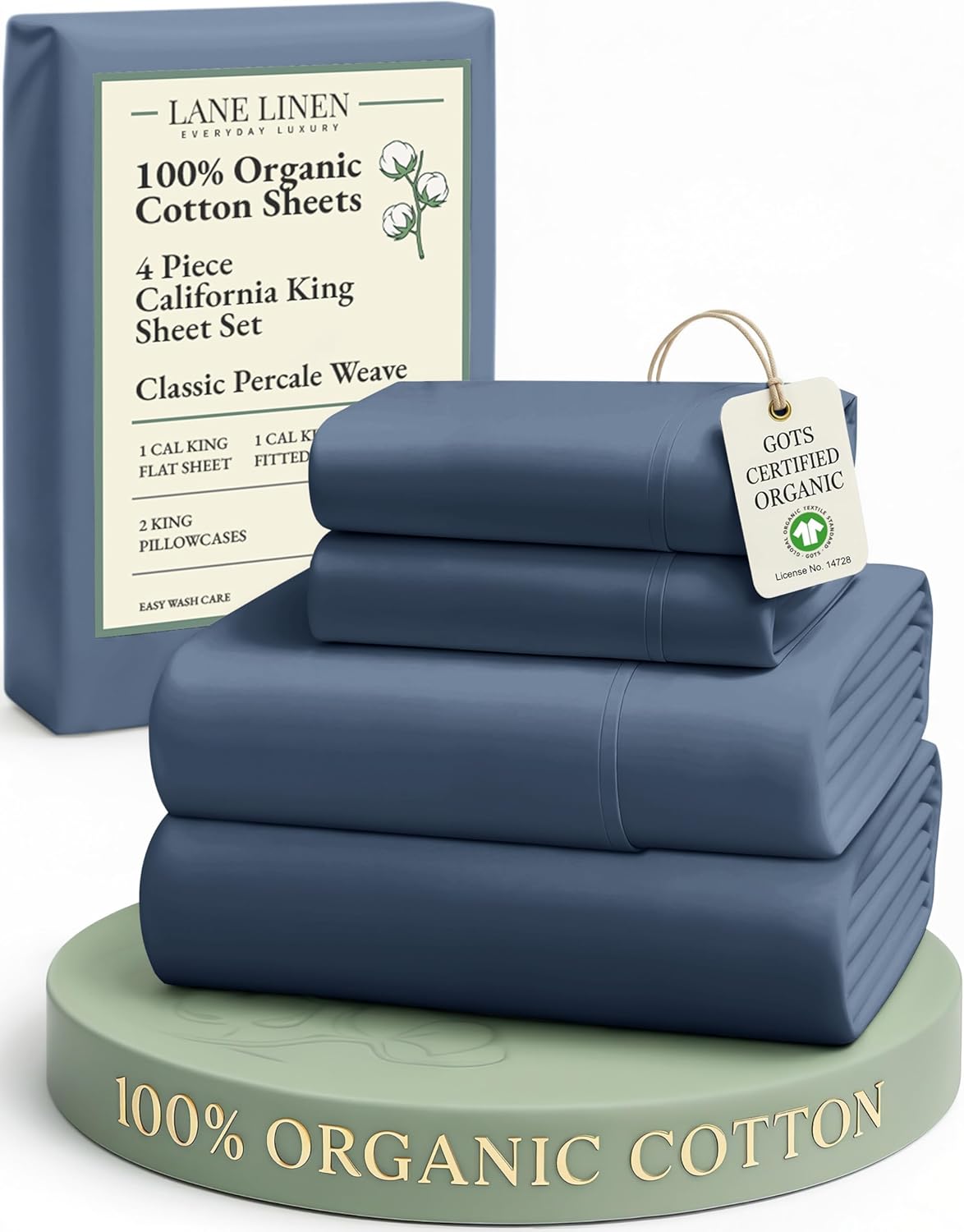 LANE LINEN 100% Organic Cotton King Size Sheets Set, Soft & Comfy All Season Breathable Sheets King Size, Percale Weave Fully Elasticized Eco Friendly Naturally Cooling King White Bed Sheets