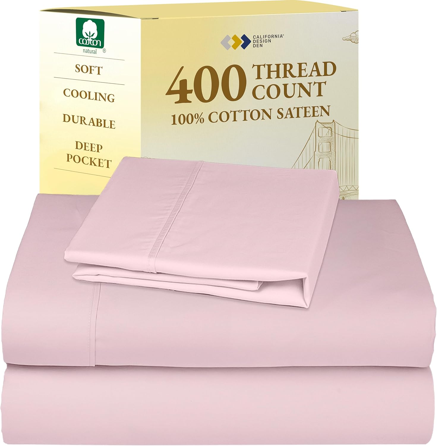 California Design Den King Size Sheets Set - Soft 400 Thread Count Sateen, Natural 100% Cotton Sheets King Size, Deep Pockets with All Around Elastic for a Snug Fit, Cool & Durable Bedding - White