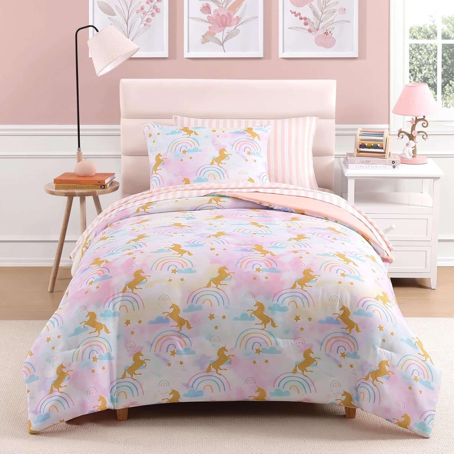 Full Size Comforter Sets with Sheets for Girls-7 Pieces Full Size Bedding Sets with Pink Comforter, Sheets, Pillowcases & Shams for Kids (Pink Gold Heart, 76" X 86")