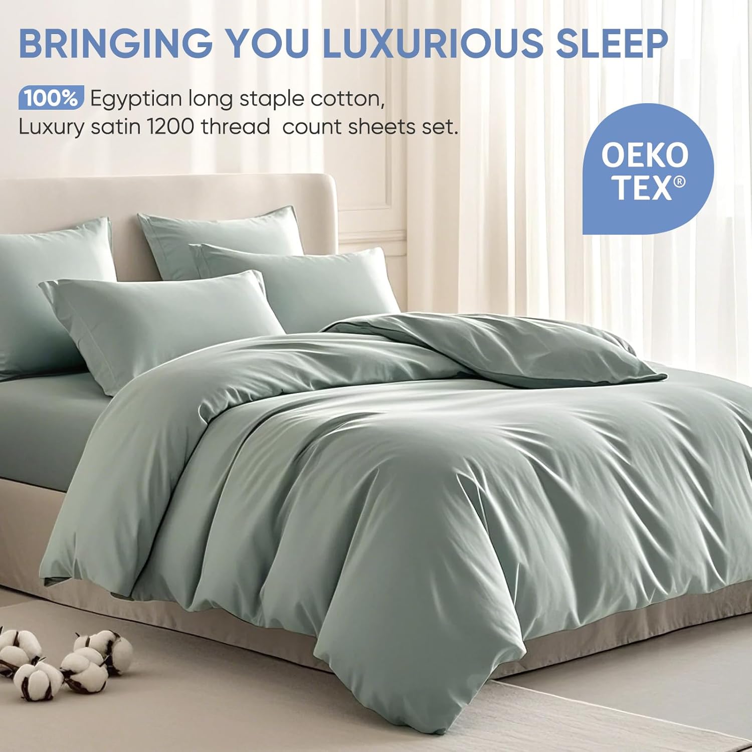 TWK 1200 TC 100% Egyptian Long-Staple Cotton Bedding Sheets Set, Luxury Hotel Style Deep Pocket with Elastic Reinforced Seams Sheet Set, Soft & Comfy Natural Sheets (Mineral, King)