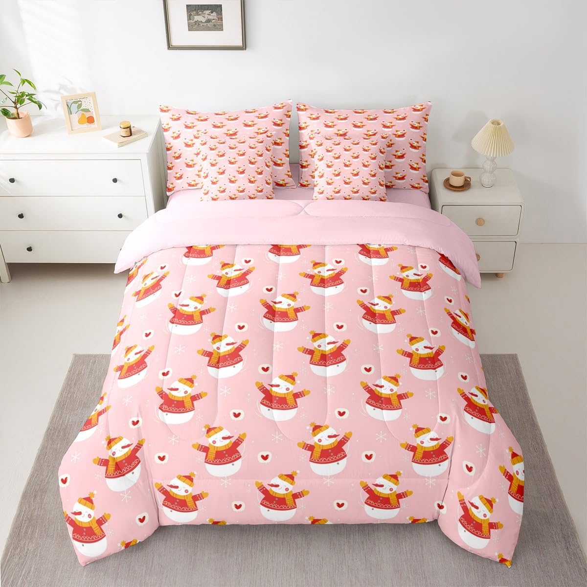 Pink Christmas 7 Piece Bedding Set Full Size Merry Christmas Snowman Bed in a Bag for Boys Girls Bedroom Decor Santa Claus Comforter Set with Sheets,Pillowcases & Cushion Cover Soft Xmas Tree Deer