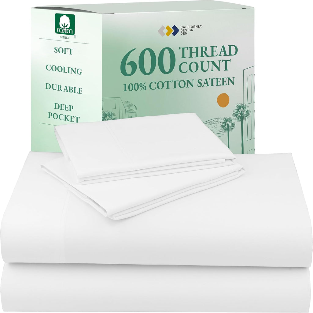 California Design Den Queen Sheet Set - Luxury 600 Thread Count Sateen, 100% Cotton Deep Pocket Queen Sheets with All Around Elastic, Snug Fit, Hotel Quality Bedding Set - White