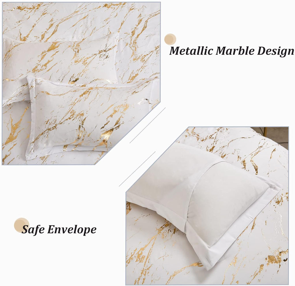 WONGS BEDDING White Gold Metallic Marble Comforter Set Queen Foil Print Glitter Bedding Sets with 2 Pillowcases for All Seasons, Soft Microfiber Filling Bedding Duvet Set 90"x90"