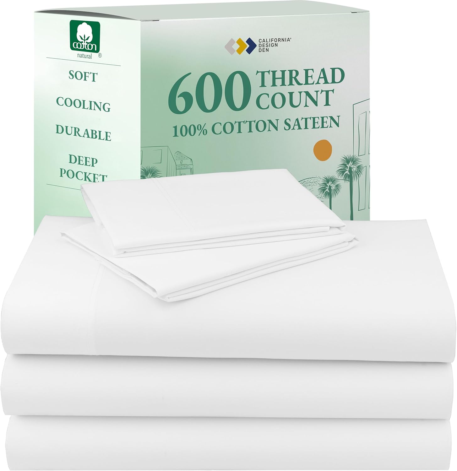 California Design Den Queen Sheet Set - Luxury 600 Thread Count Sateen, 100% Cotton Deep Pocket Queen Sheets with All Around Elastic, Snug Fit, Hotel Quality Bedding Set - White