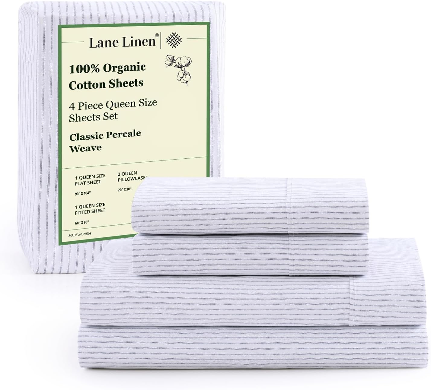 LANE LINEN 100% Organic Cotton King Size Sheets Set, Soft & Comfy All Season Breathable Sheets King Size, Percale Weave Fully Elasticized Eco Friendly Naturally Cooling King White Bed Sheets