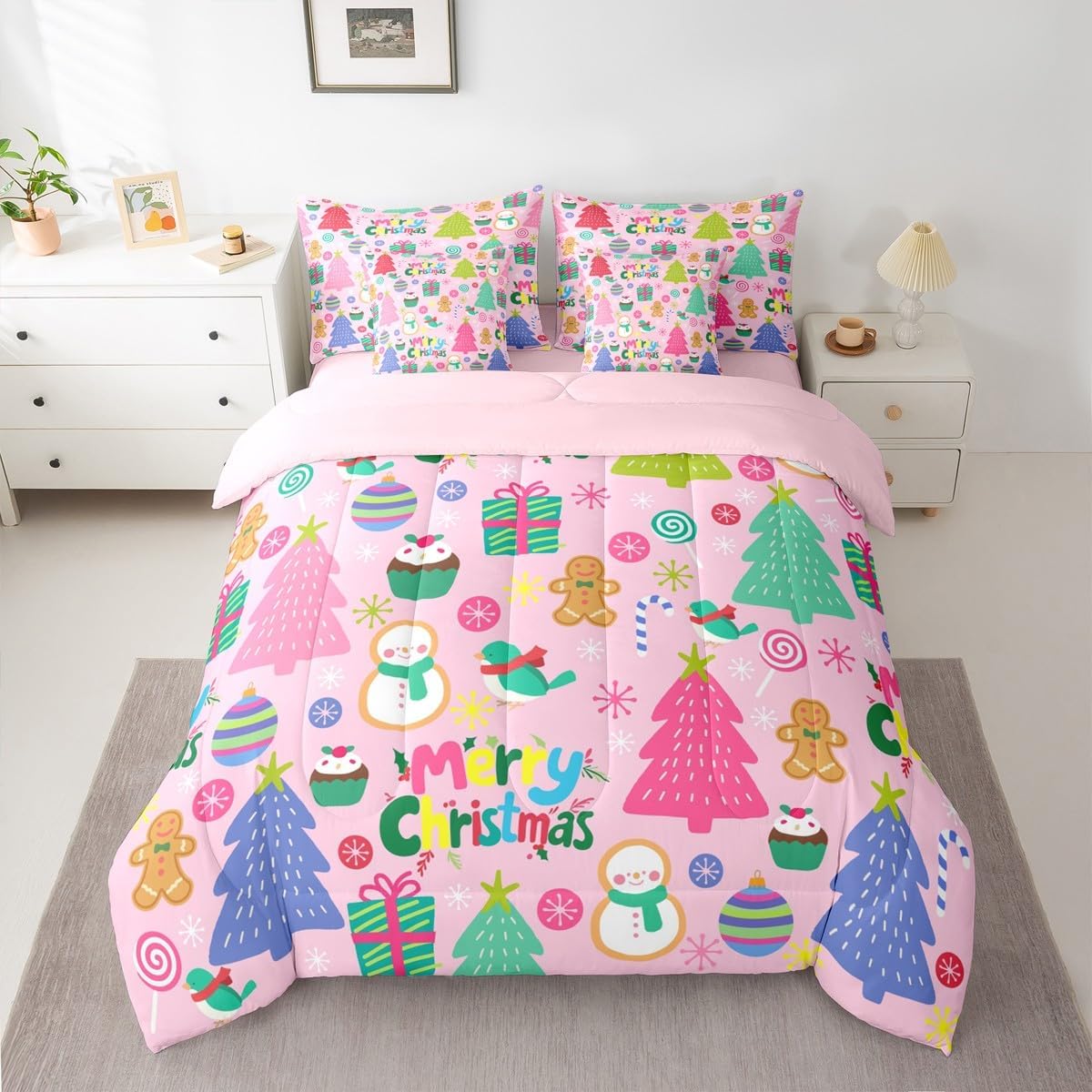 Pink Christmas 7 Piece Bedding Set Full Size Merry Christmas Snowman Bed in a Bag for Boys Girls Bedroom Decor Santa Claus Comforter Set with Sheets,Pillowcases & Cushion Cover Soft Xmas Tree Deer