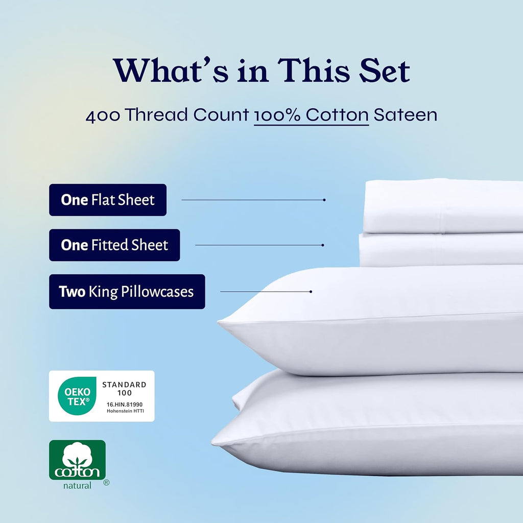 California Design Den King Size Sheets Set - Soft 400 Thread Count Sateen, Natural 100% Cotton Sheets King Size, Deep Pockets with All Around Elastic for a Snug Fit, Cool & Durable Bedding - White