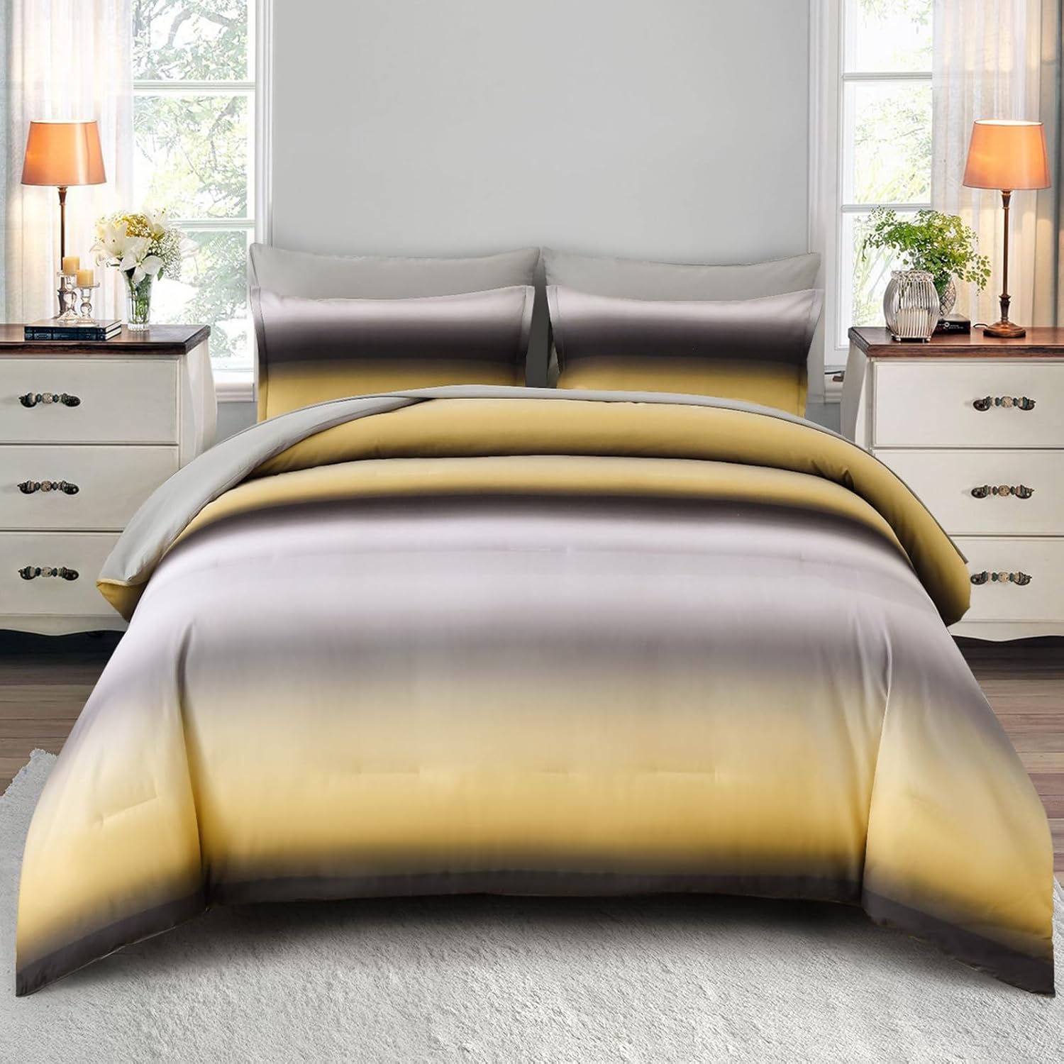 Ombre Blue Comforter Set King Size Reversible Gradient Blue Grey Boho Bedding Set for Men Women 8 Pieces Bed in A Bag Bohemian Bed Set With Comforter, Sheets, Pillowcases & Shams, Cushion Cover