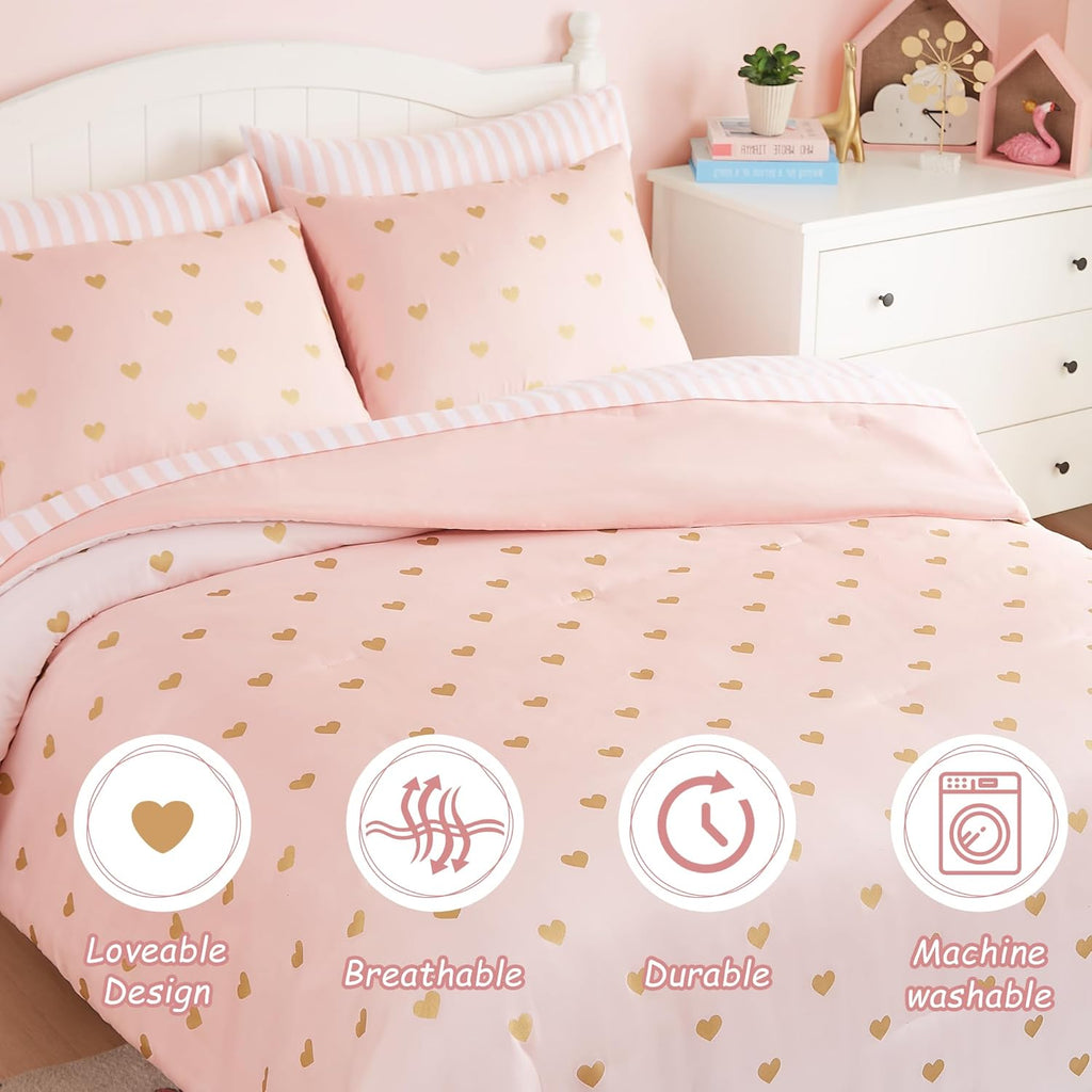 Full Size Comforter Sets with Sheets for Girls-7 Pieces Full Size Bedding Sets with Pink Comforter, Sheets, Pillowcases & Shams for Kids (Pink Gold Heart, 76" X 86")