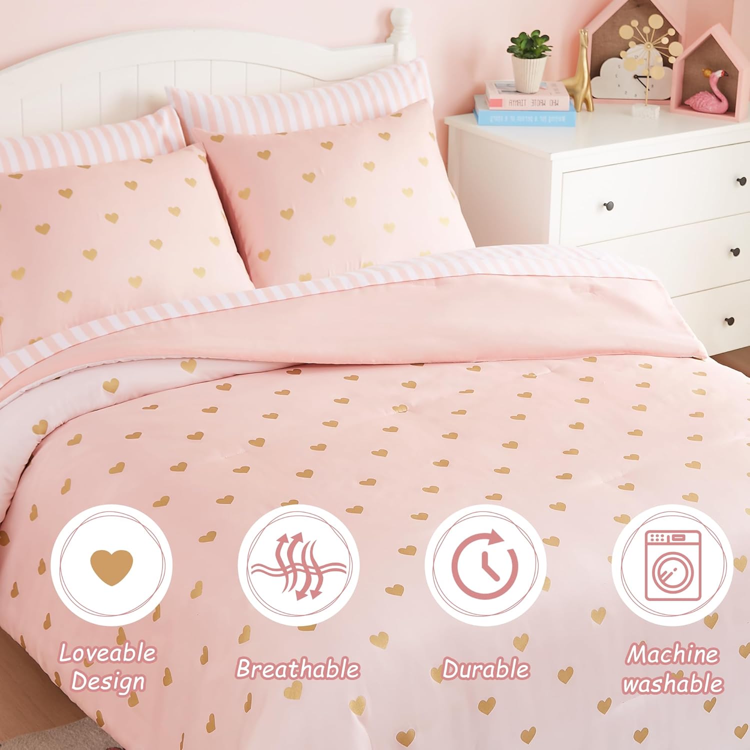 Full Size Comforter Sets with Sheets for Girls-7 Pieces Full Size Bedding Sets with Pink Comforter, Sheets, Pillowcases & Shams for Kids (Pink Gold Heart, 76" X 86")