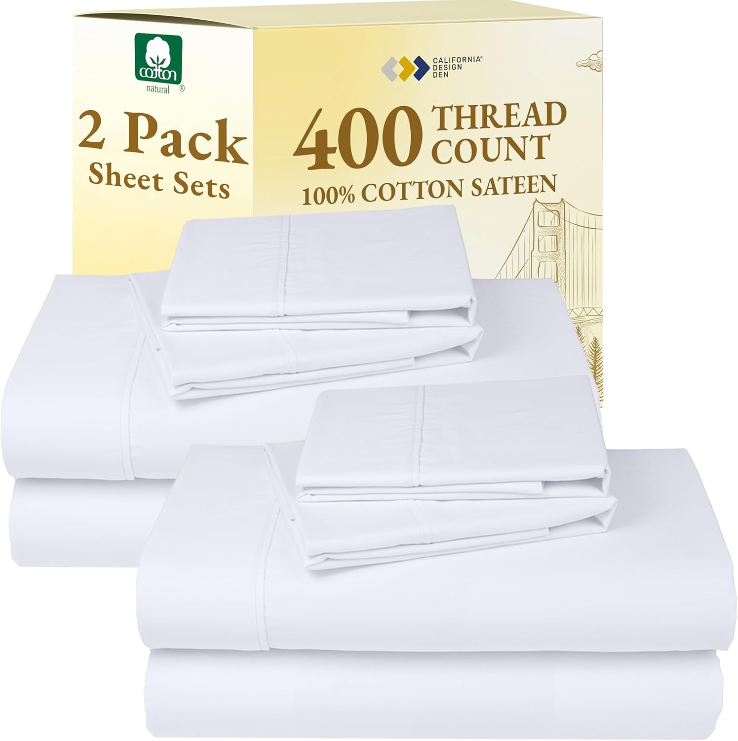 California Design Den King Size Sheets Set - Soft 400 Thread Count Sateen, Natural 100% Cotton Sheets King Size, Deep Pockets with All Around Elastic for a Snug Fit, Cool & Durable Bedding - White