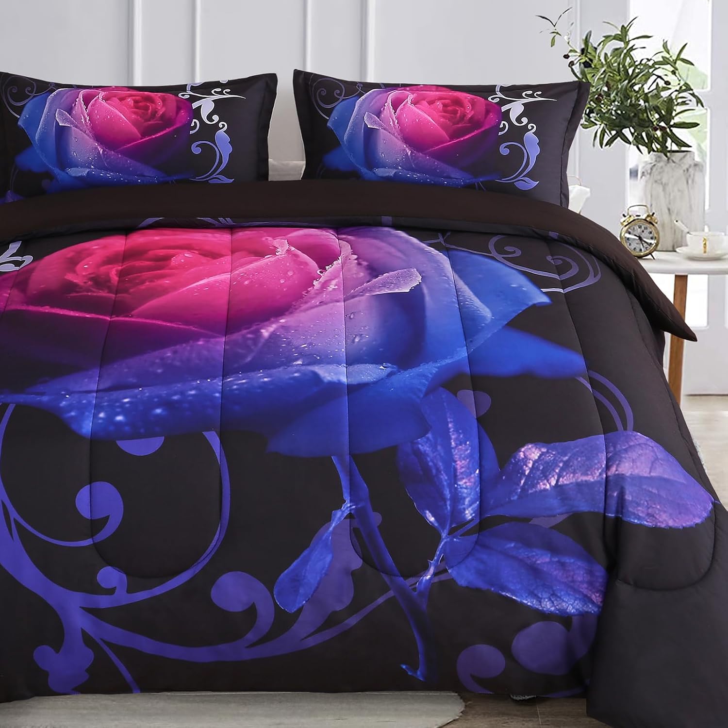 WONGS BEDDING Red Comforter Set Queen Reversible Red Rose Pattern Printed Bedding Down Comforter with 2 Pillowcases for All Seasons, Soft Microfiber Lightweight Bedding Set 90"x90"