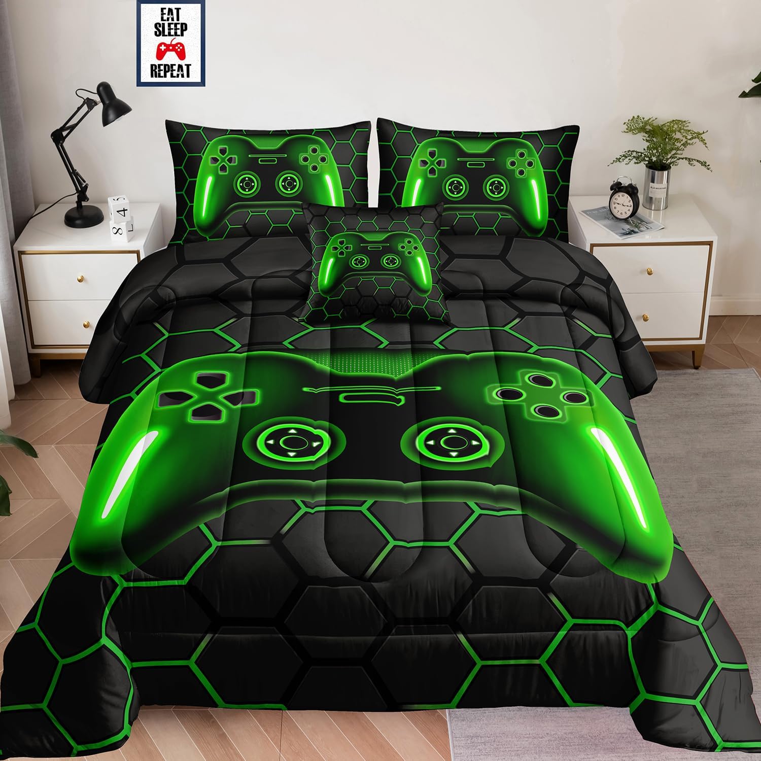 6 Pieces Bed in a Bag for Boys Bedding Sets Queen Size,Gamer Comforter Sets for Boys Kids, Gaming Comforter Set for Teens Room Decor with Flat Sheet,Fitted Sheet,Pillowcase,Cushion Cover