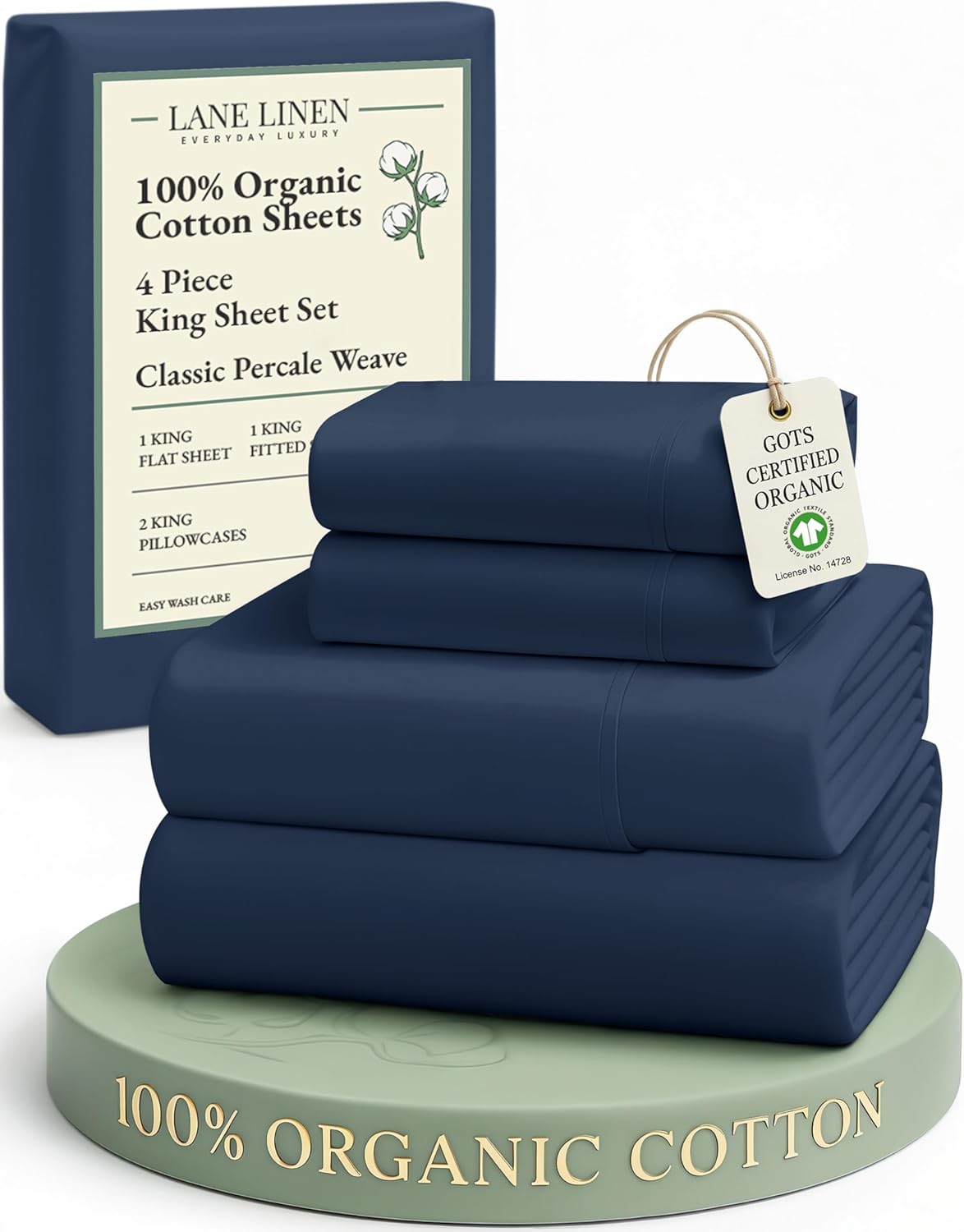 LANE LINEN 100% Organic Cotton King Size Sheets Set, Soft & Comfy All Season Breathable Sheets King Size, Percale Weave Fully Elasticized Eco Friendly Naturally Cooling King White Bed Sheets