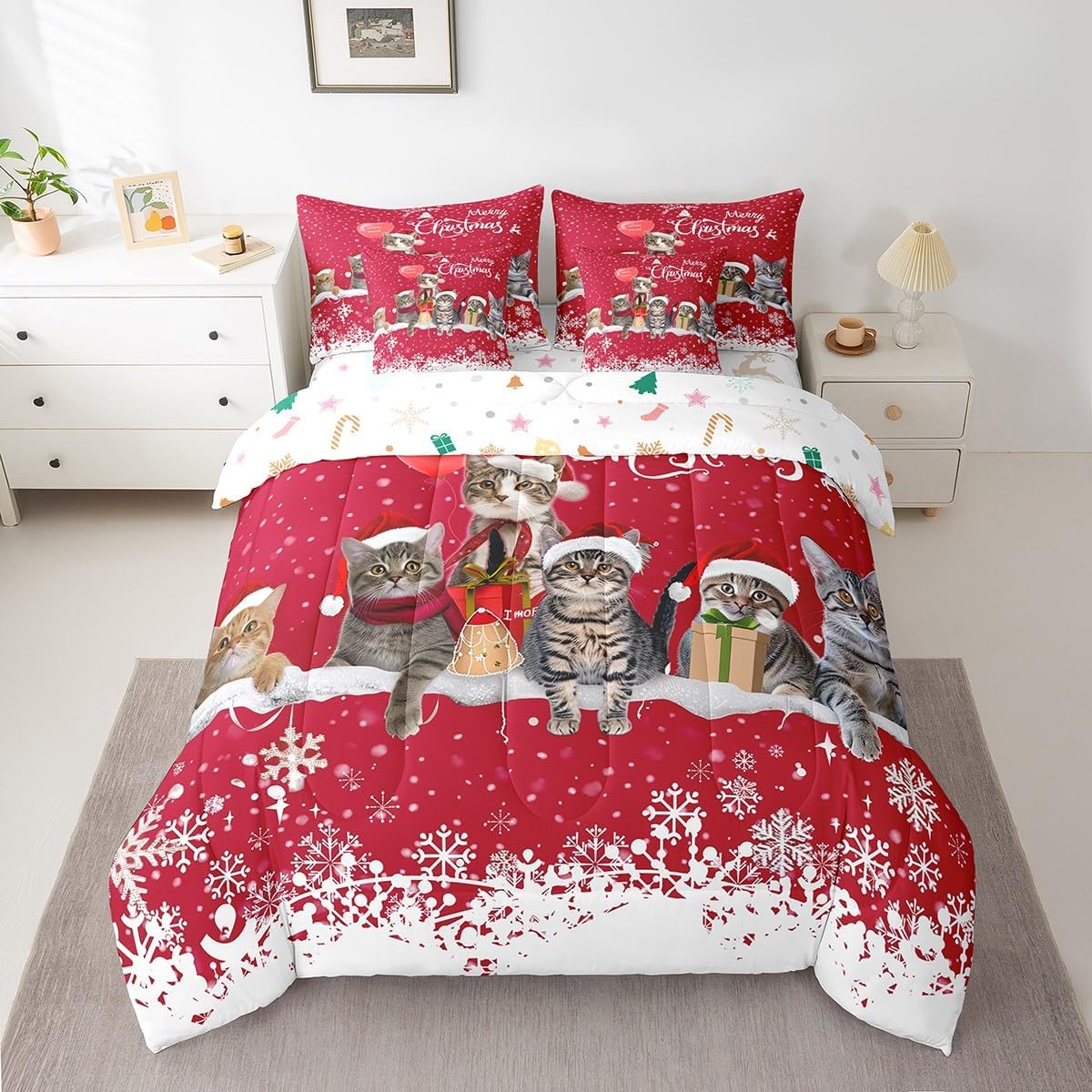 Pink Christmas 7 Piece Bedding Set Full Size Merry Christmas Snowman Bed in a Bag for Boys Girls Bedroom Decor Santa Claus Comforter Set with Sheets,Pillowcases & Cushion Cover Soft Xmas Tree Deer
