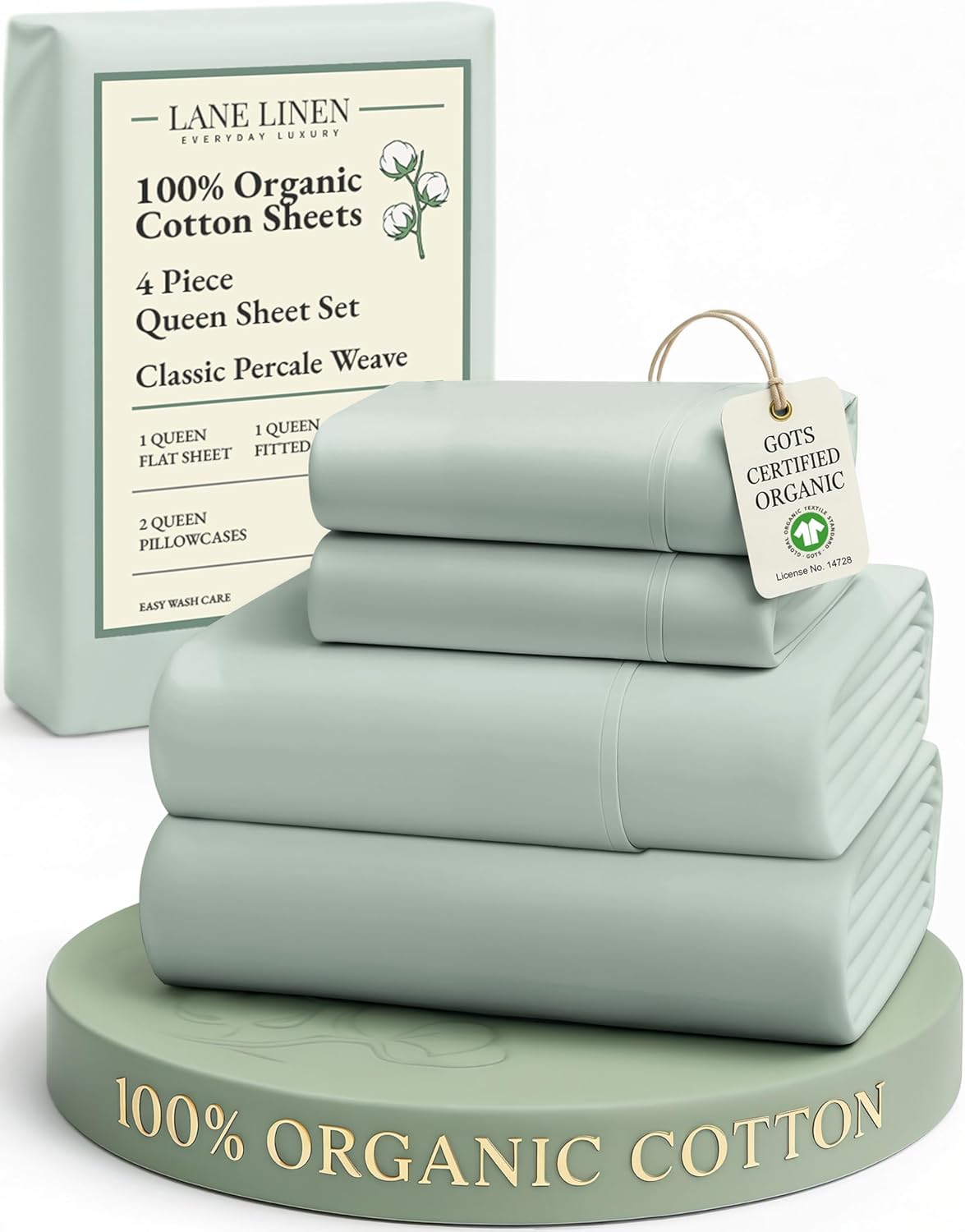 LANE LINEN 100% Organic Cotton King Size Sheets Set, Soft & Comfy All Season Breathable Sheets King Size, Percale Weave Fully Elasticized Eco Friendly Naturally Cooling King White Bed Sheets