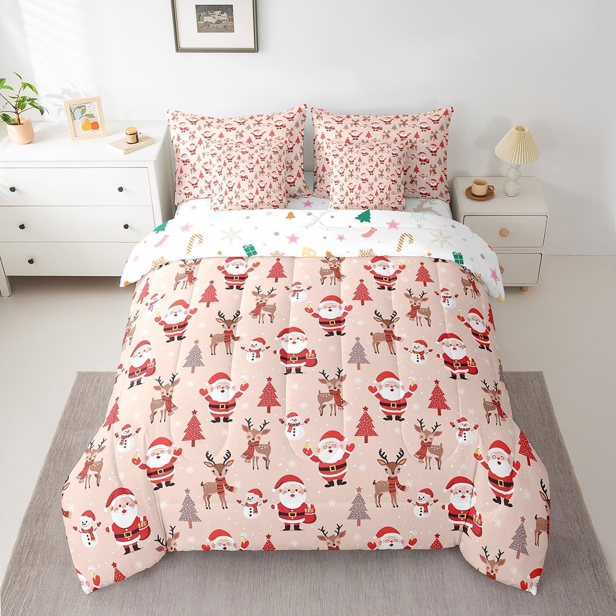 Pink Christmas 7 Piece Bedding Set Full Size Merry Christmas Snowman Bed in a Bag for Boys Girls Bedroom Decor Santa Claus Comforter Set with Sheets,Pillowcases & Cushion Cover Soft Xmas Tree Deer