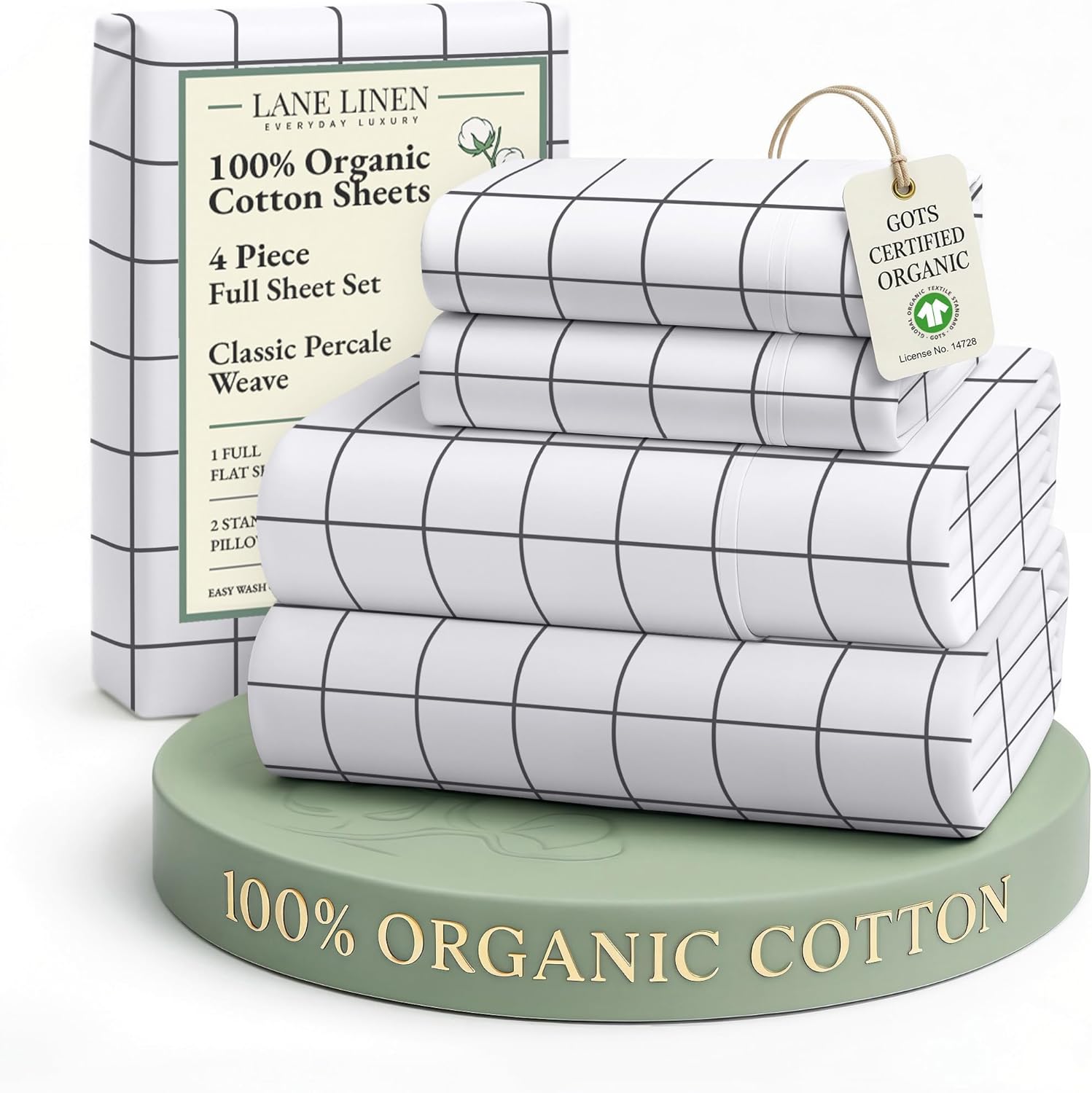 LANE LINEN 100% Organic Cotton King Size Sheets Set, Soft & Comfy All Season Breathable Sheets King Size, Percale Weave Fully Elasticized Eco Friendly Naturally Cooling King White Bed Sheets