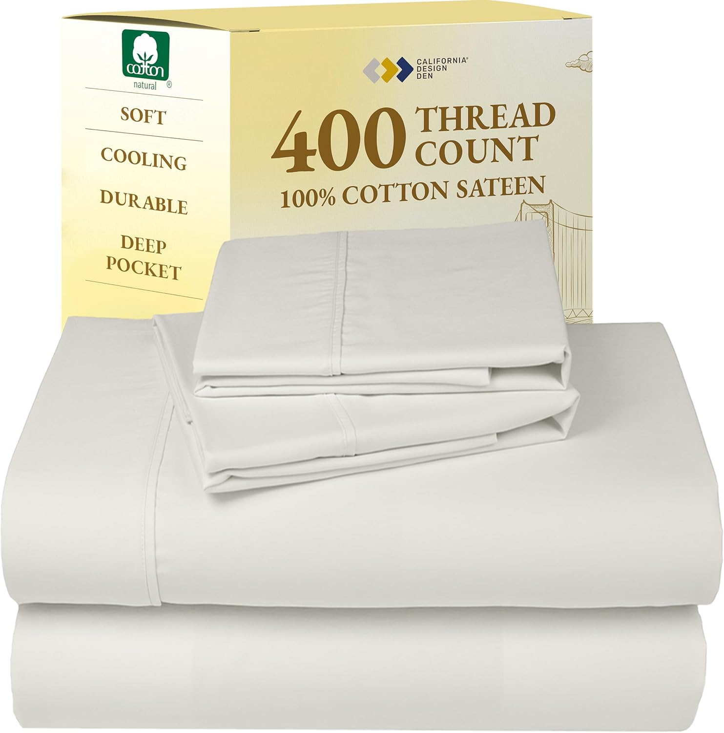 California Design Den King Size Sheets Set - Soft 400 Thread Count Sateen, Natural 100% Cotton Sheets King Size, Deep Pockets with All Around Elastic for a Snug Fit, Cool & Durable Bedding - White