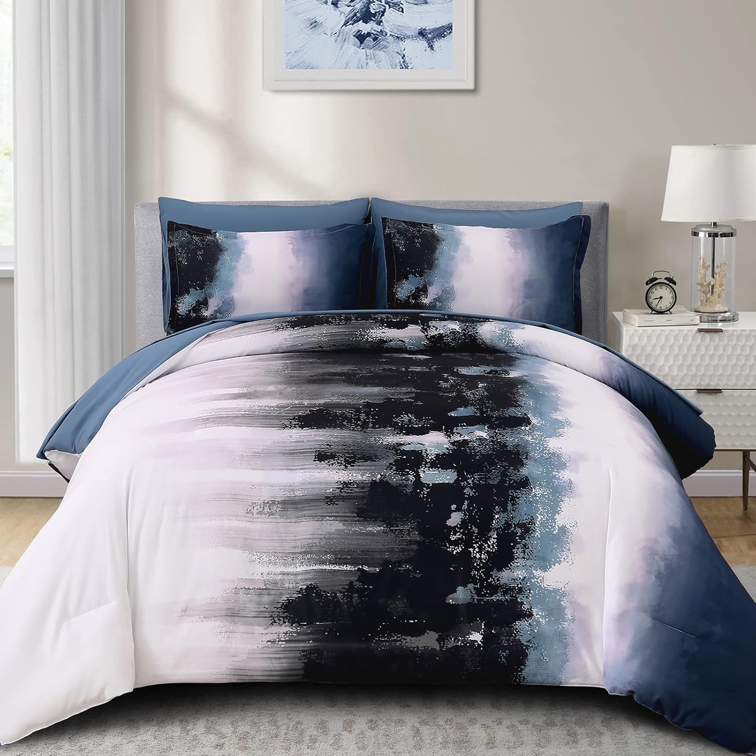 Ombre Blue Comforter Set King Size Reversible Gradient Blue Grey Boho Bedding Set for Men Women 8 Pieces Bed in A Bag Bohemian Bed Set With Comforter, Sheets, Pillowcases & Shams, Cushion Cover