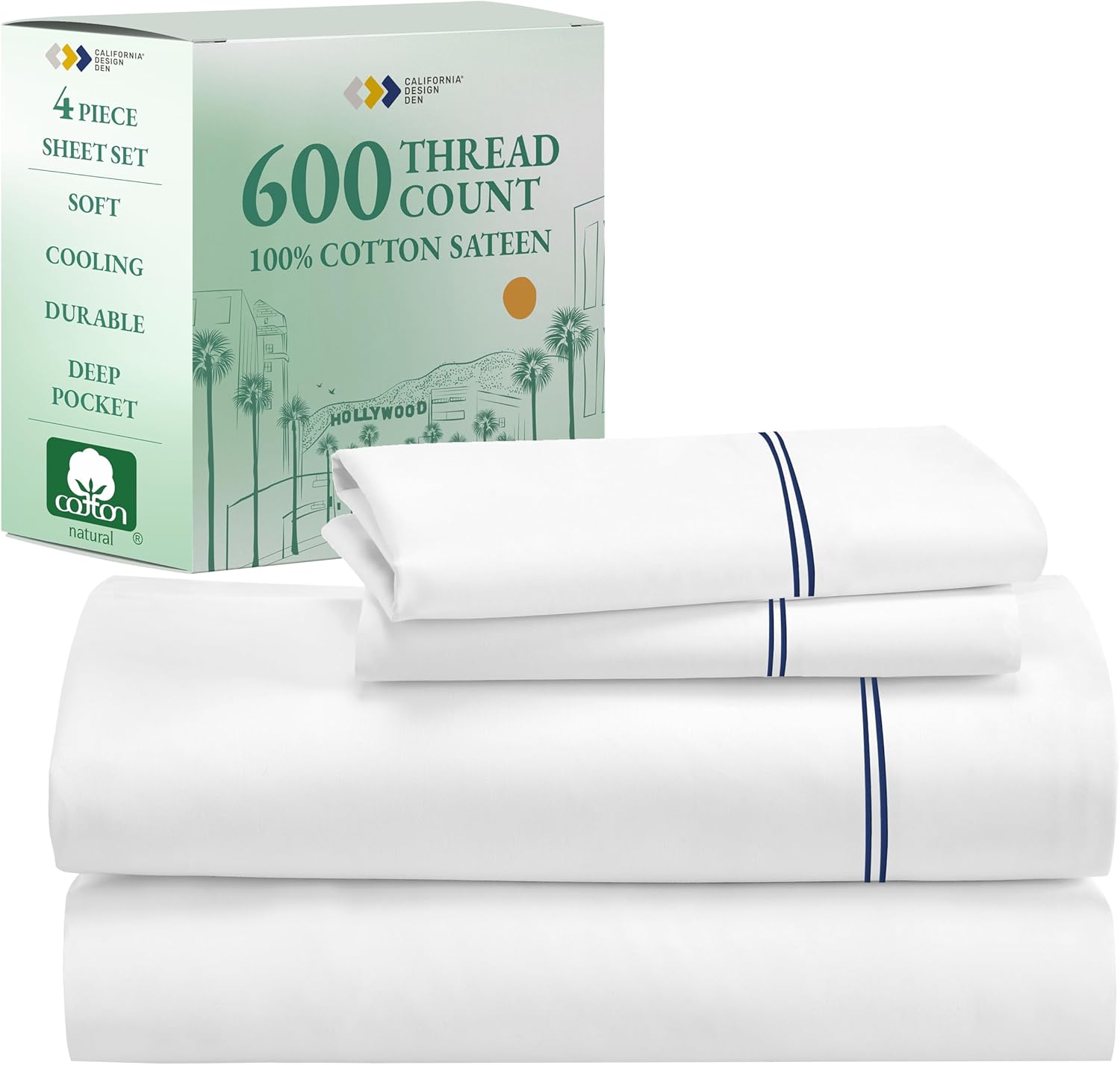 California Design Den Queen Sheet Set - Luxury 600 Thread Count Sateen, 100% Cotton Deep Pocket Queen Sheets with All Around Elastic, Snug Fit, Hotel Quality Bedding Set - White