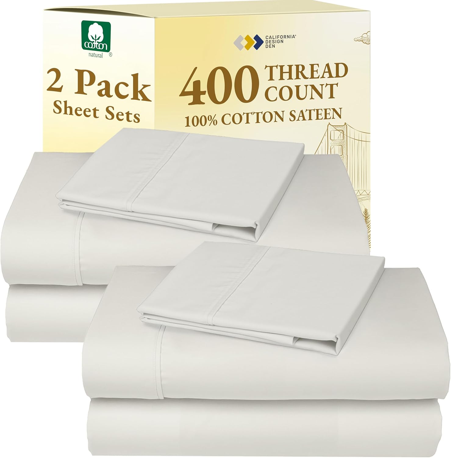 California Design Den King Size Sheets Set - Soft 400 Thread Count Sateen, Natural 100% Cotton Sheets King Size, Deep Pockets with All Around Elastic for a Snug Fit, Cool & Durable Bedding - White