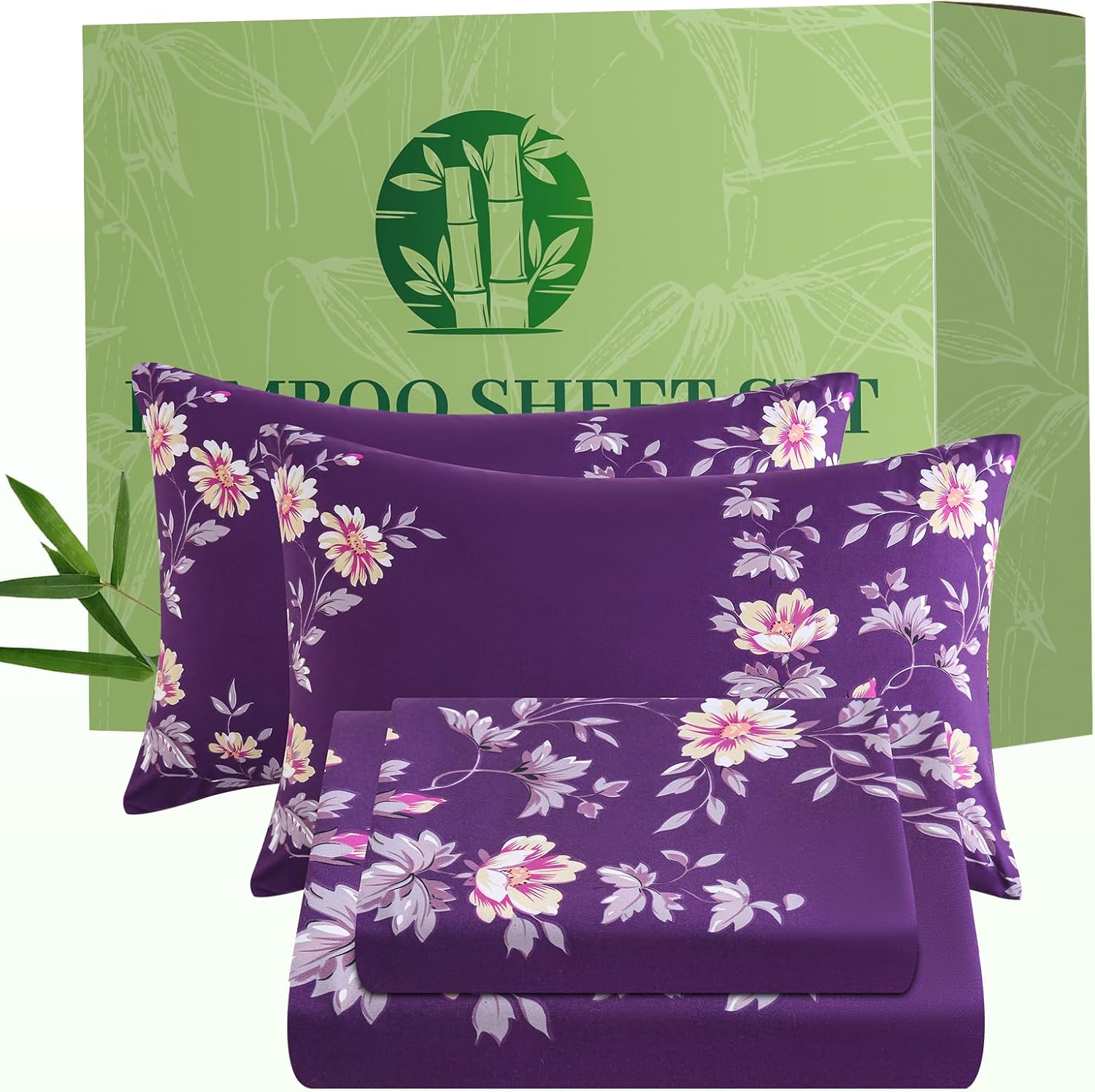 Bedlifes Queen Sheet Set Ultra Soft Breathable Silky Flower Bed Sheets Deep Pocket 100% Microfiber Bedding Sheets 4 Piece Queen Size Floral Spring